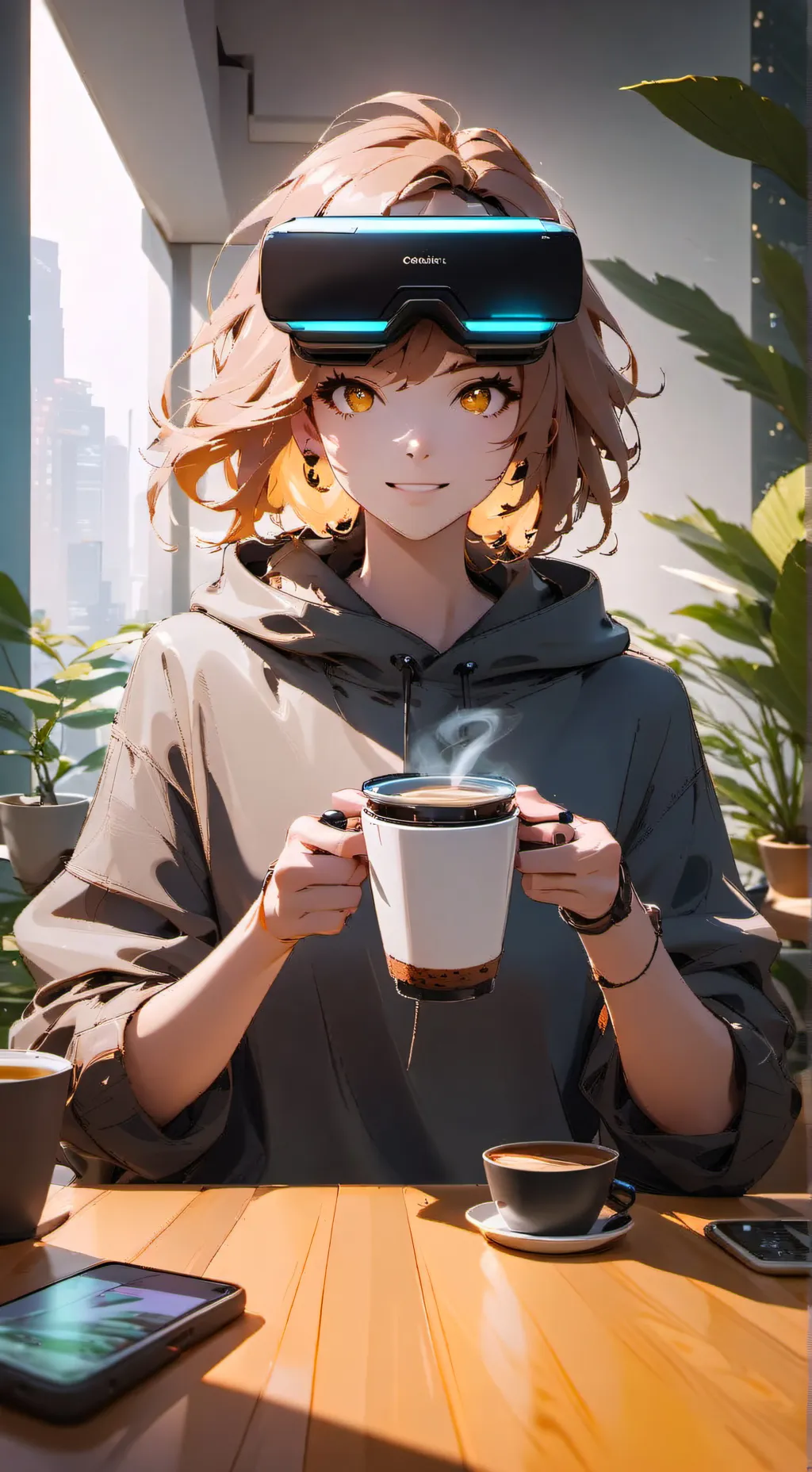 ai character: The Futuristic Frappuccino Fanatic background