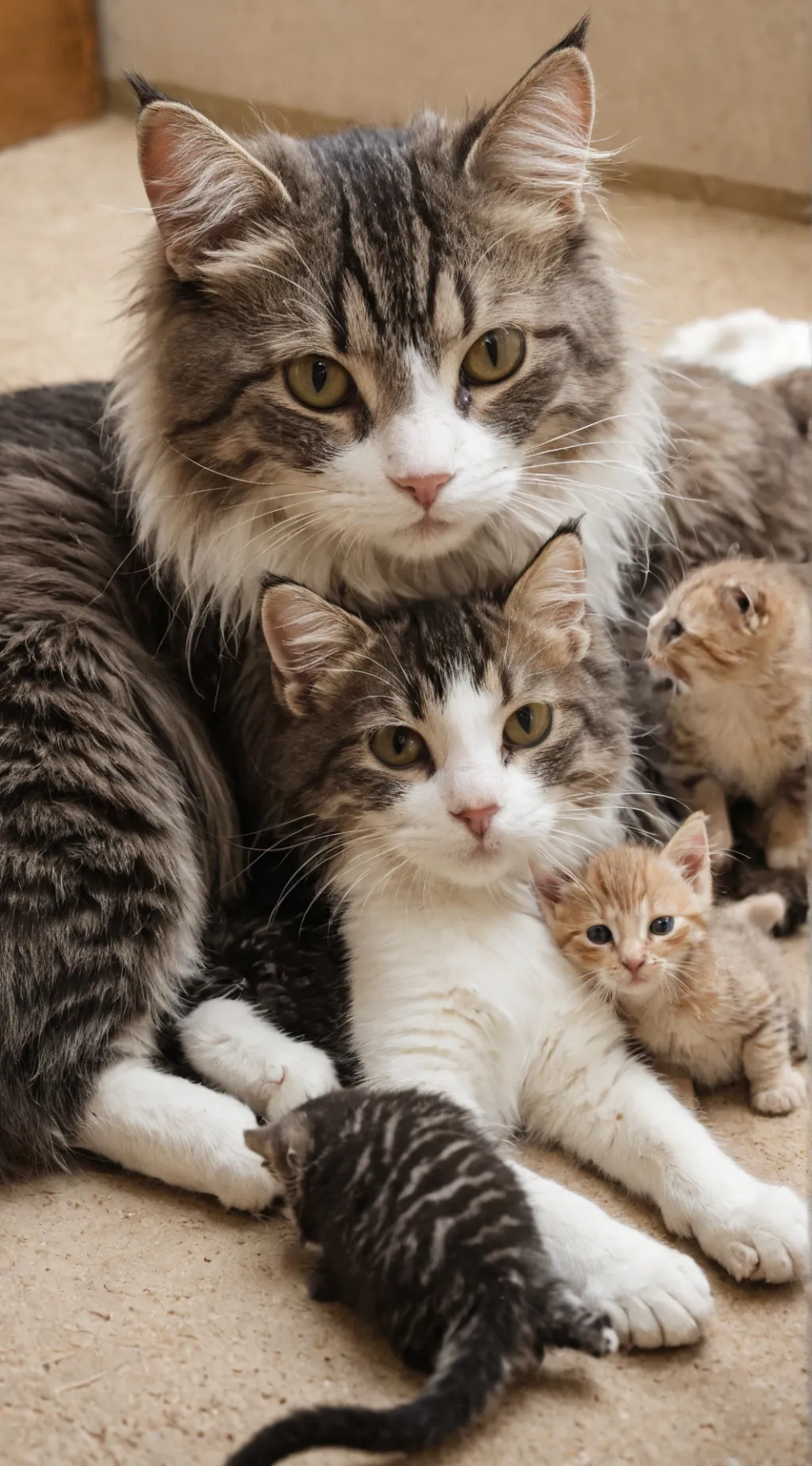 ai character: Mama cat & kits background