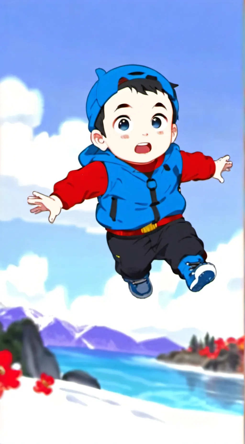 ai character: sad Baby sky background