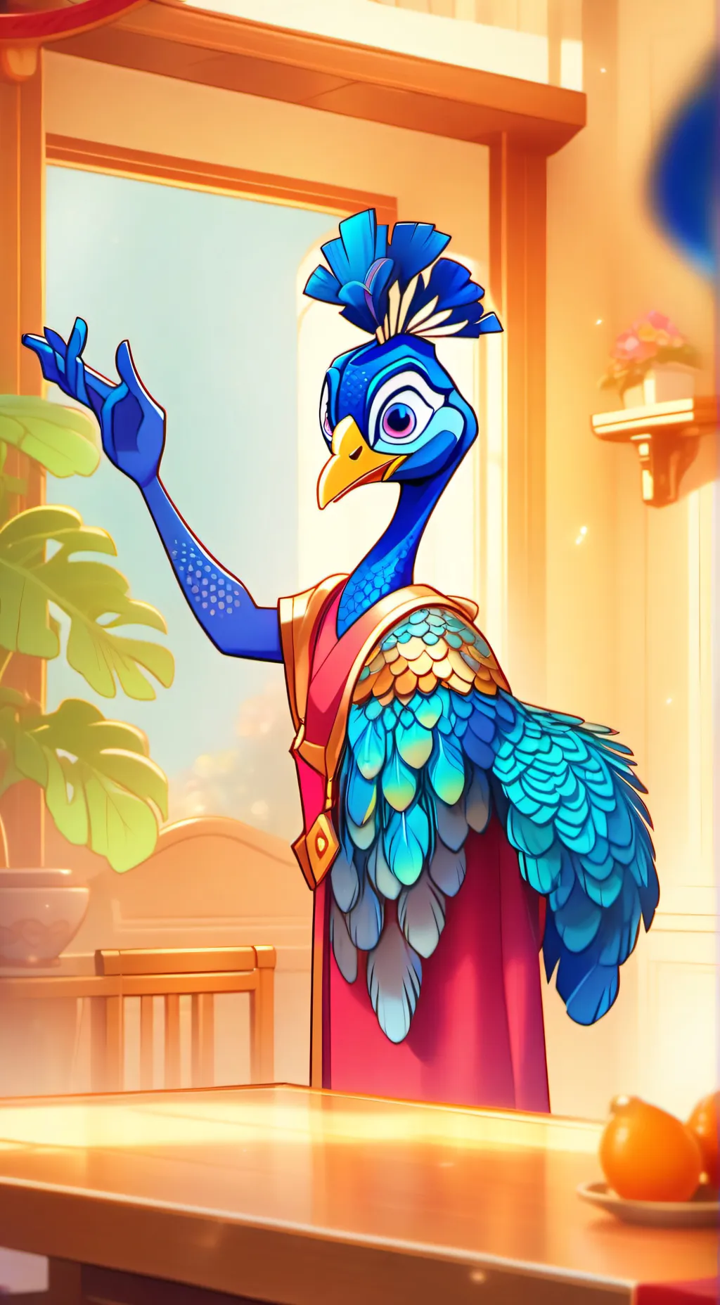 ai character: Peacock Spirit Furry background