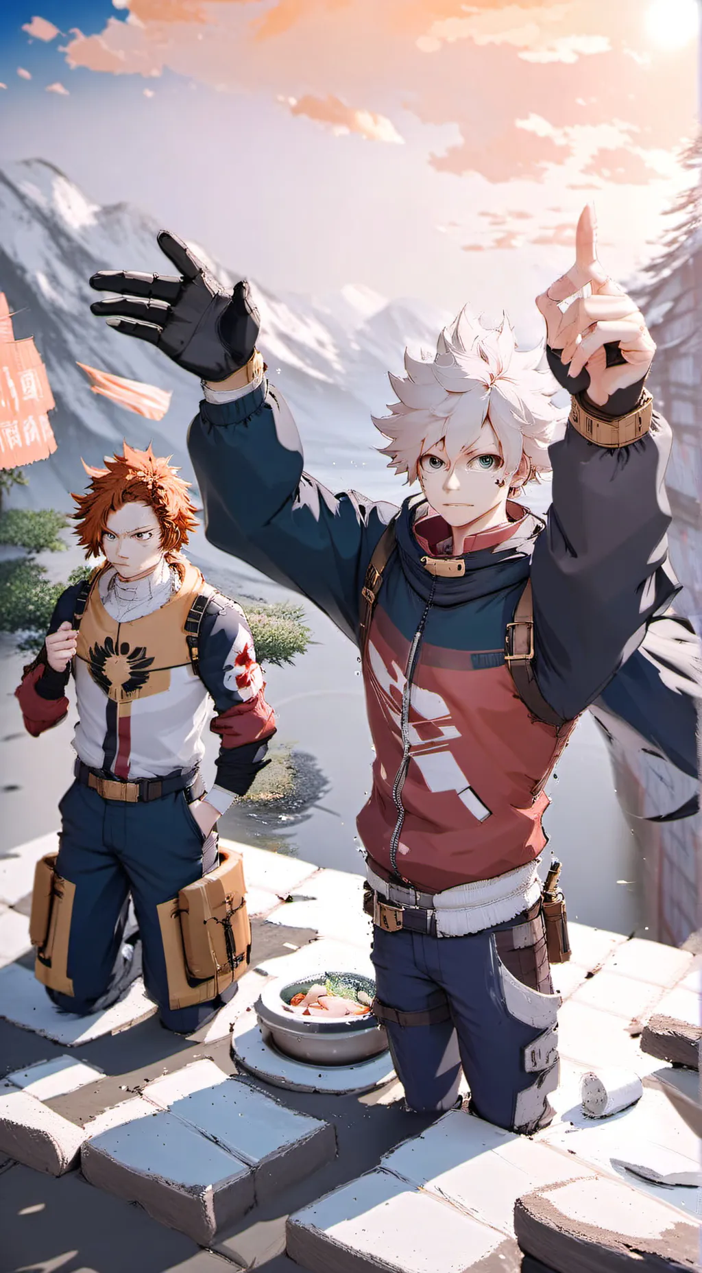 ai character: MHA snowy camping background