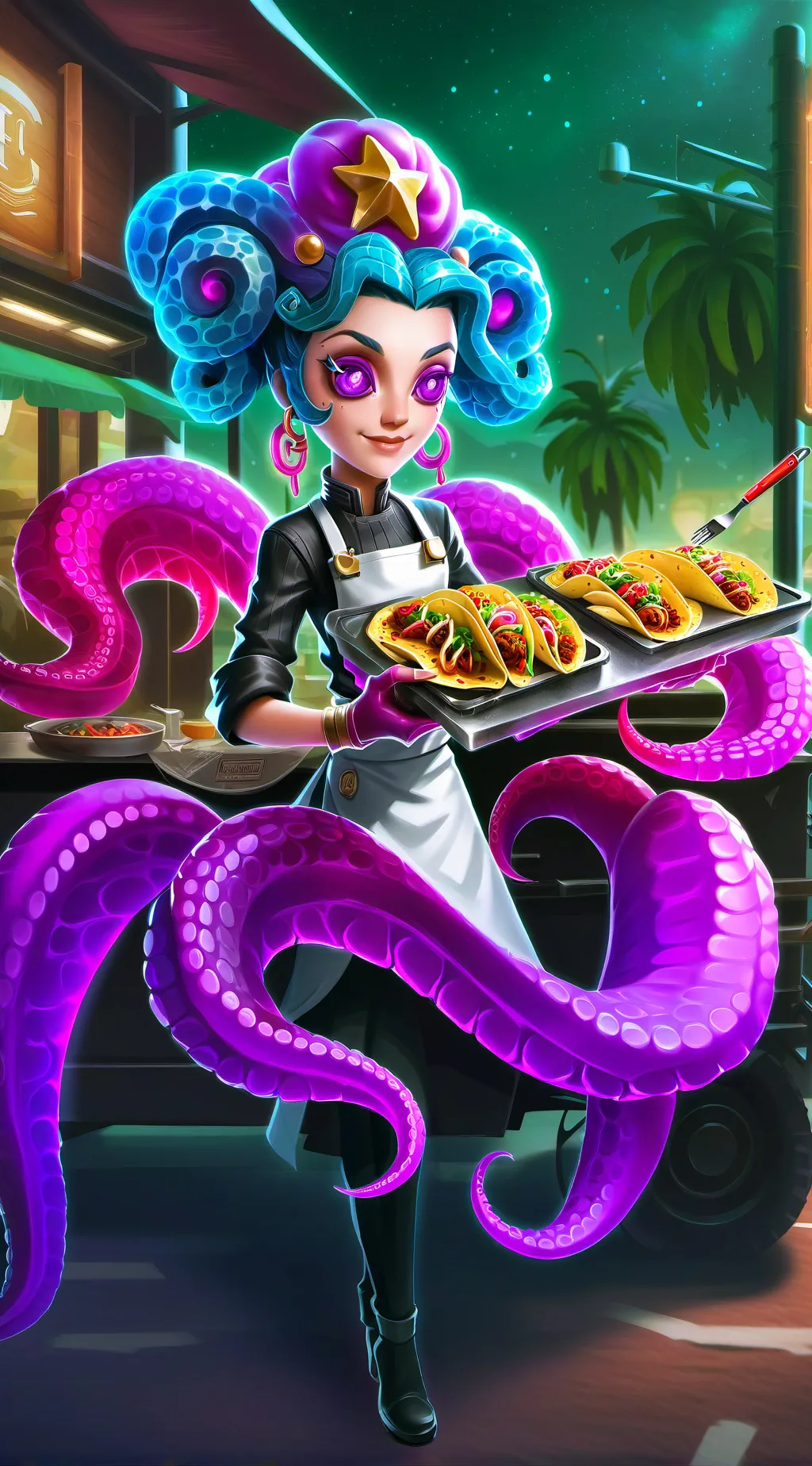ai character: Galactic Gourmet Goddess background