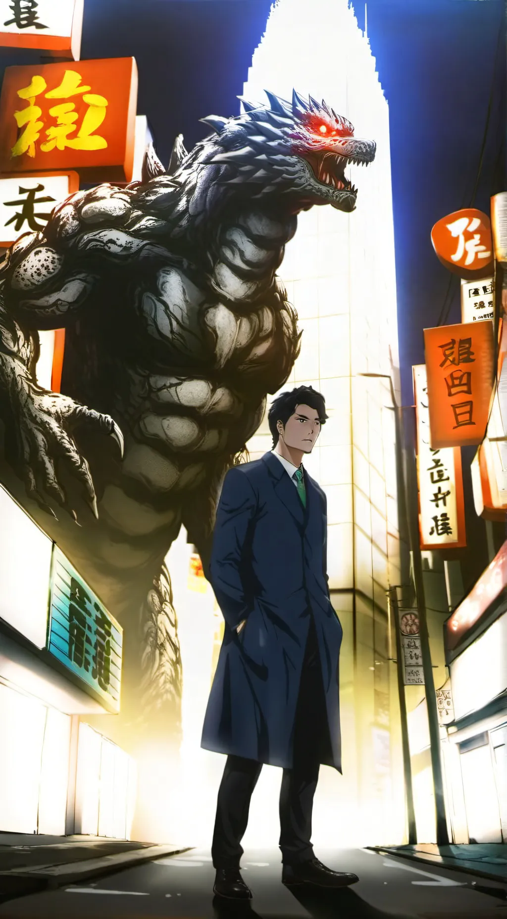 ai character: Godzilla y señor background