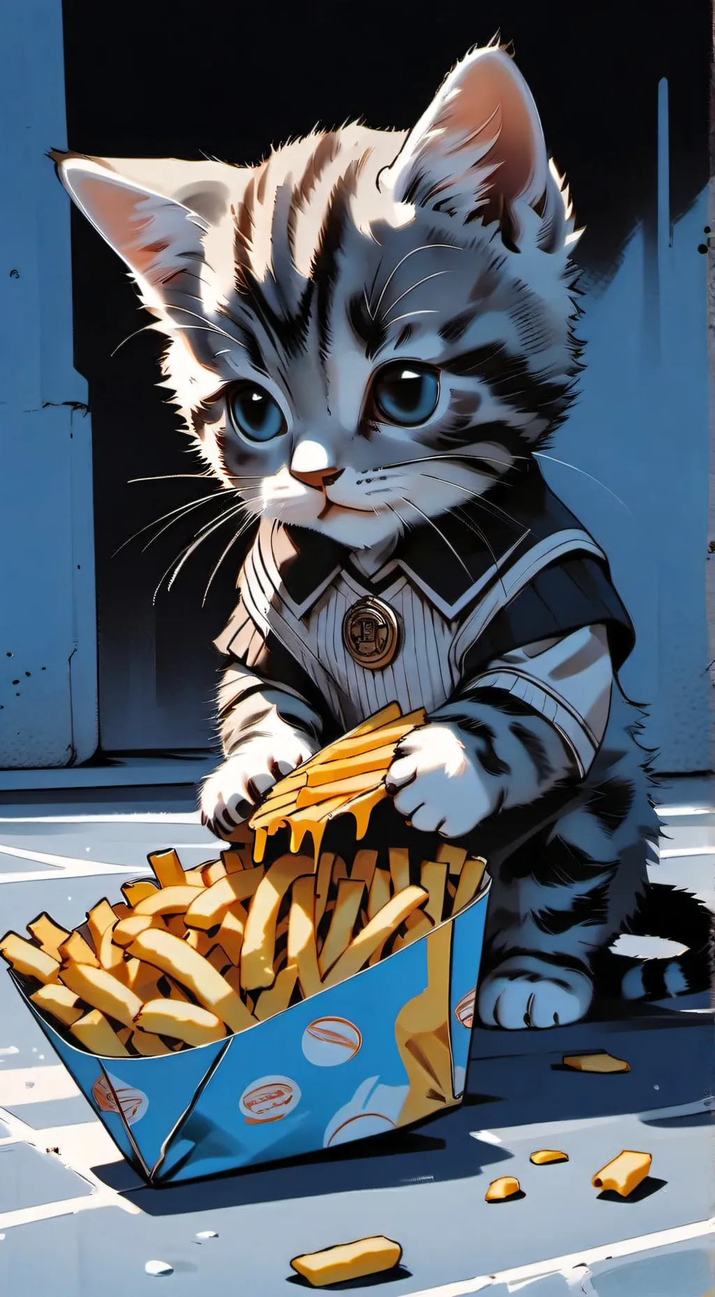 ai character: kitten eating ur 🍟 background