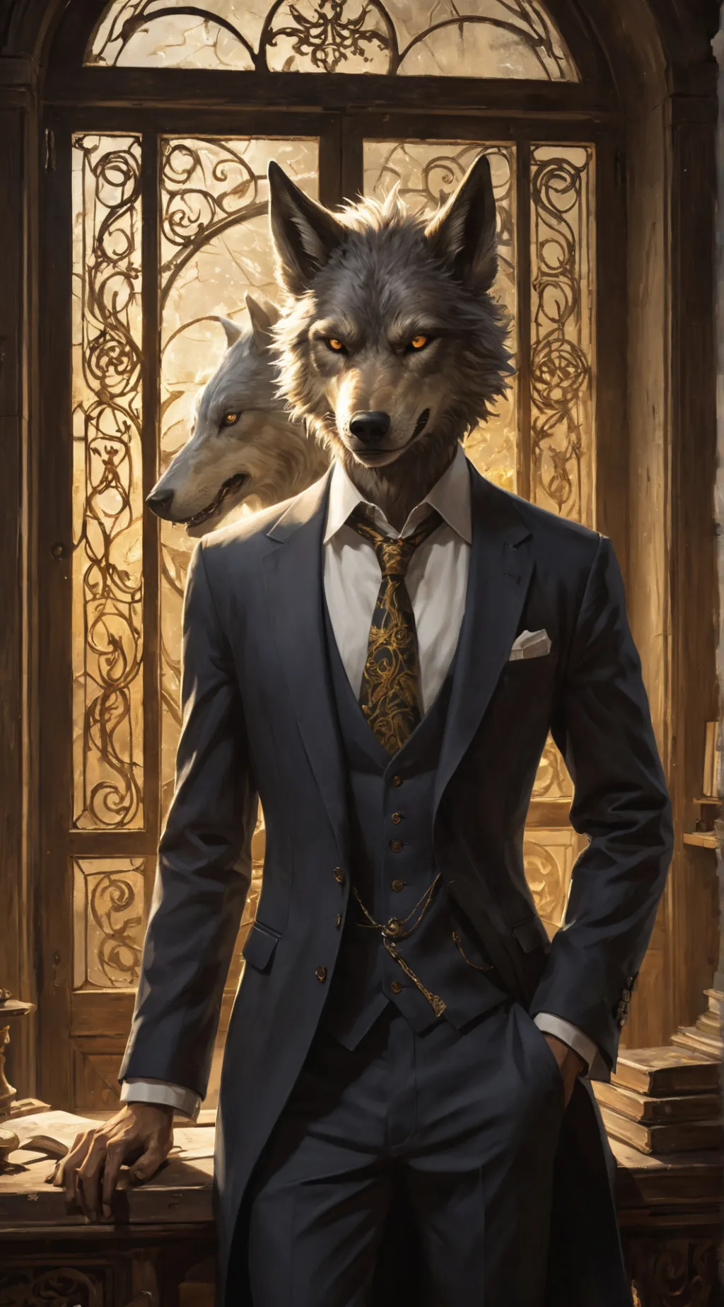 ai character: two-headed wolf background