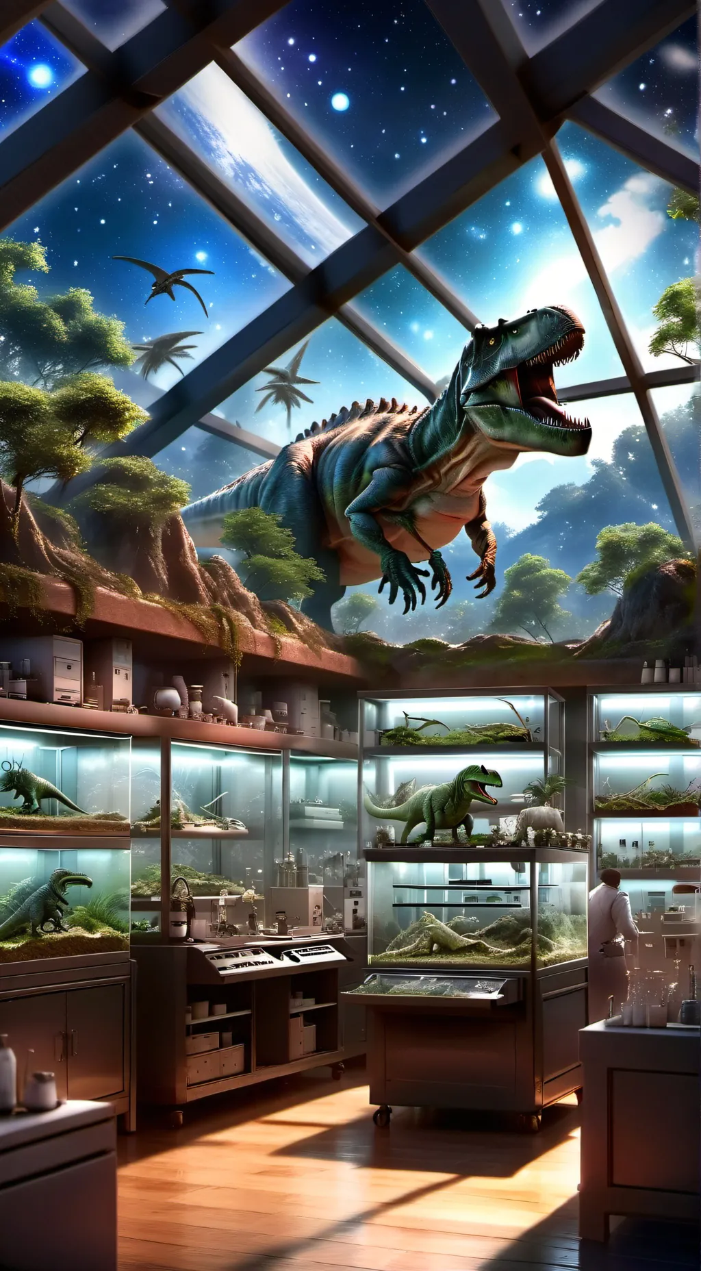ai character: lab de dinosaurios background