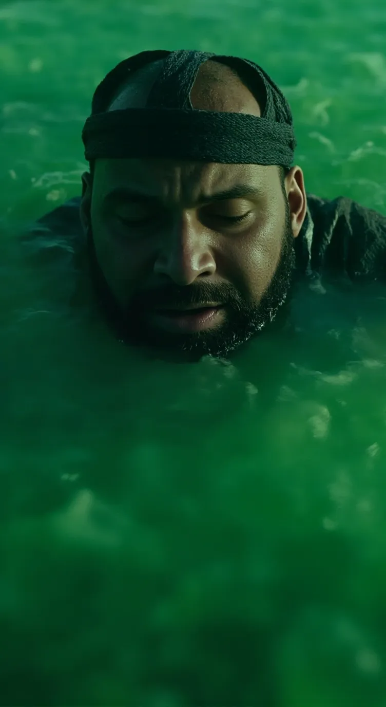 ai character: Green acid sea background