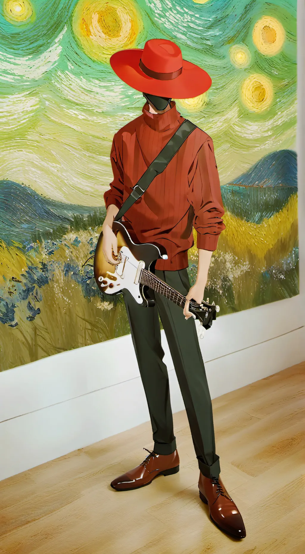 ai character: red leather background