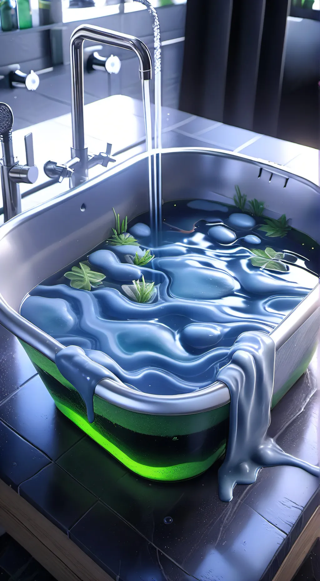 ai character: tub of blue slime background