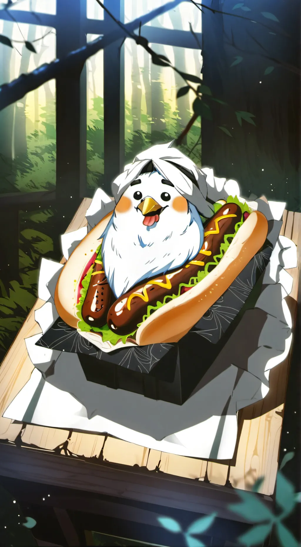 ai character: HOT DOG BIRD background