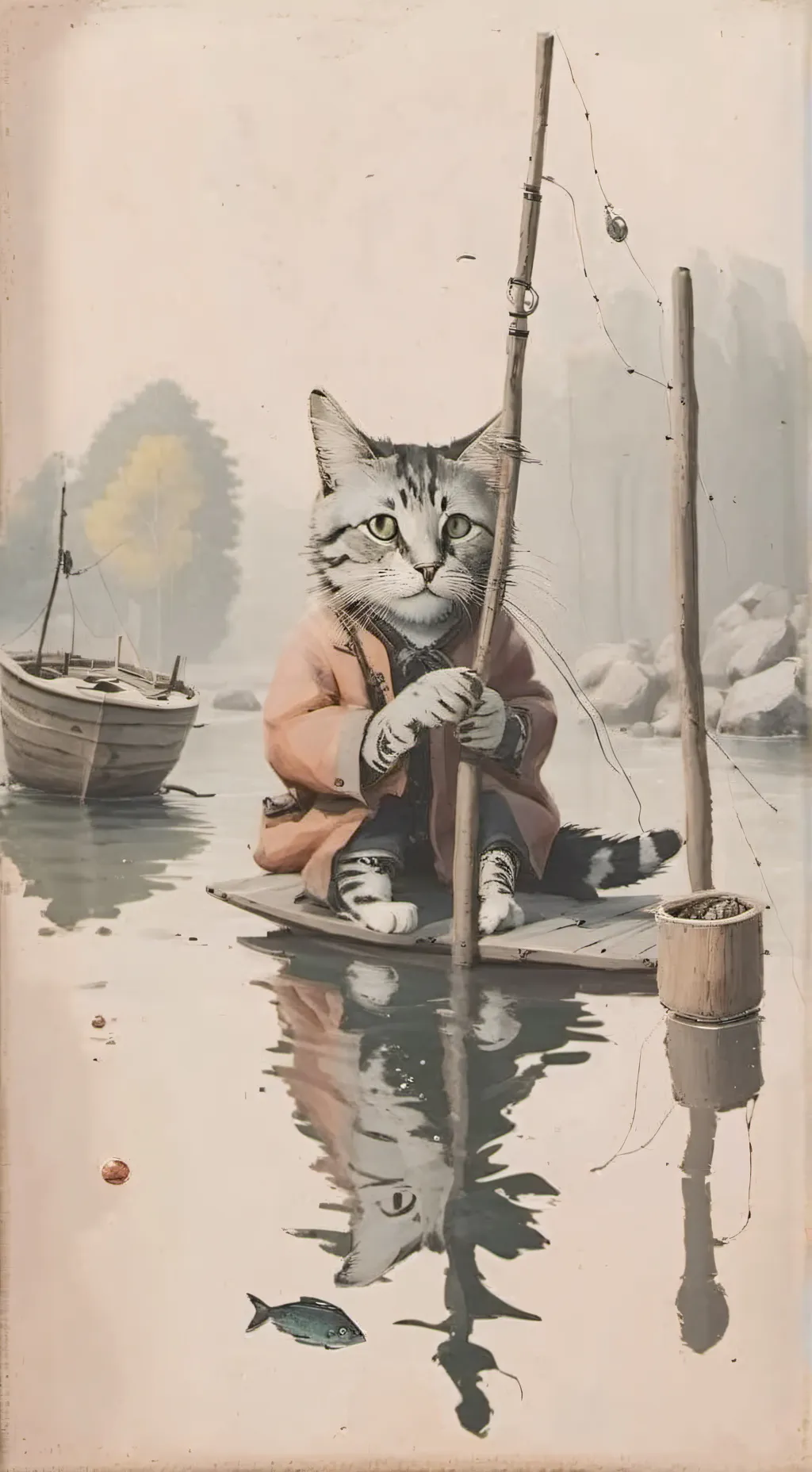 ai character: cat goes fishing background