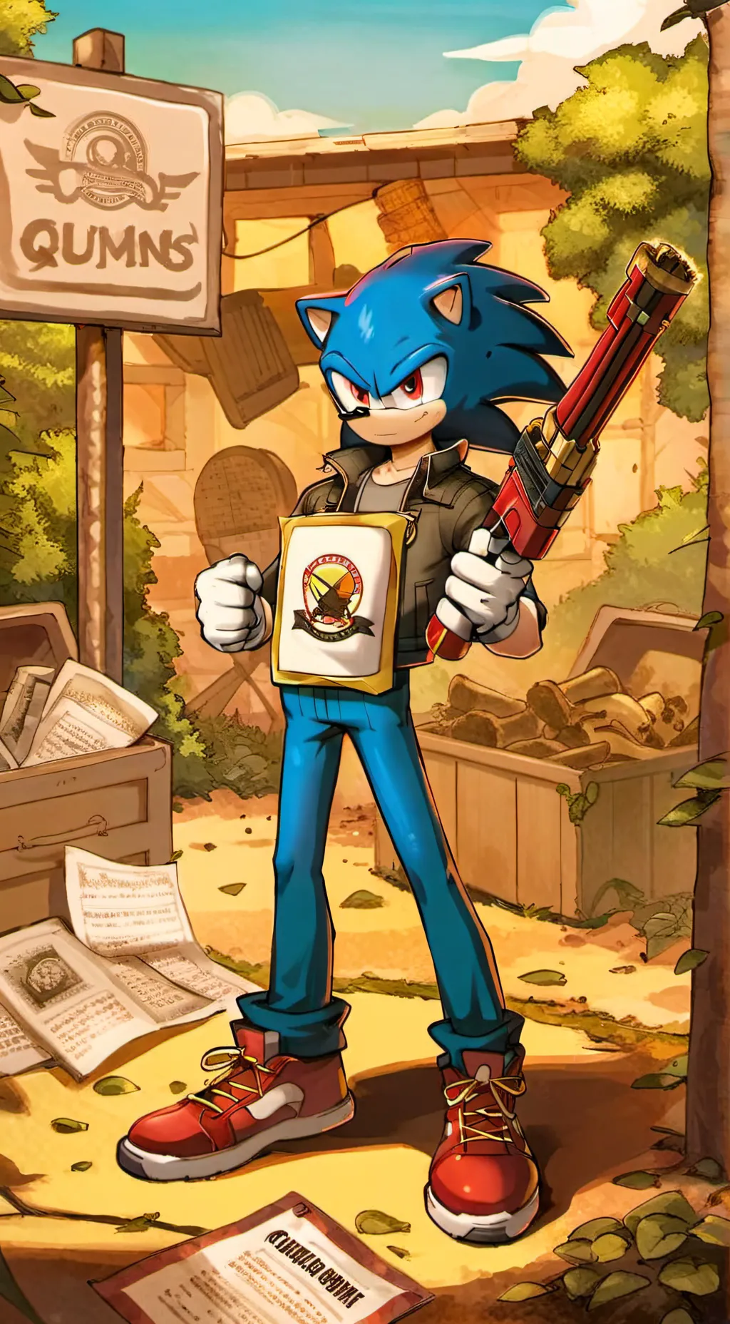 ai character: sonic selling guns background