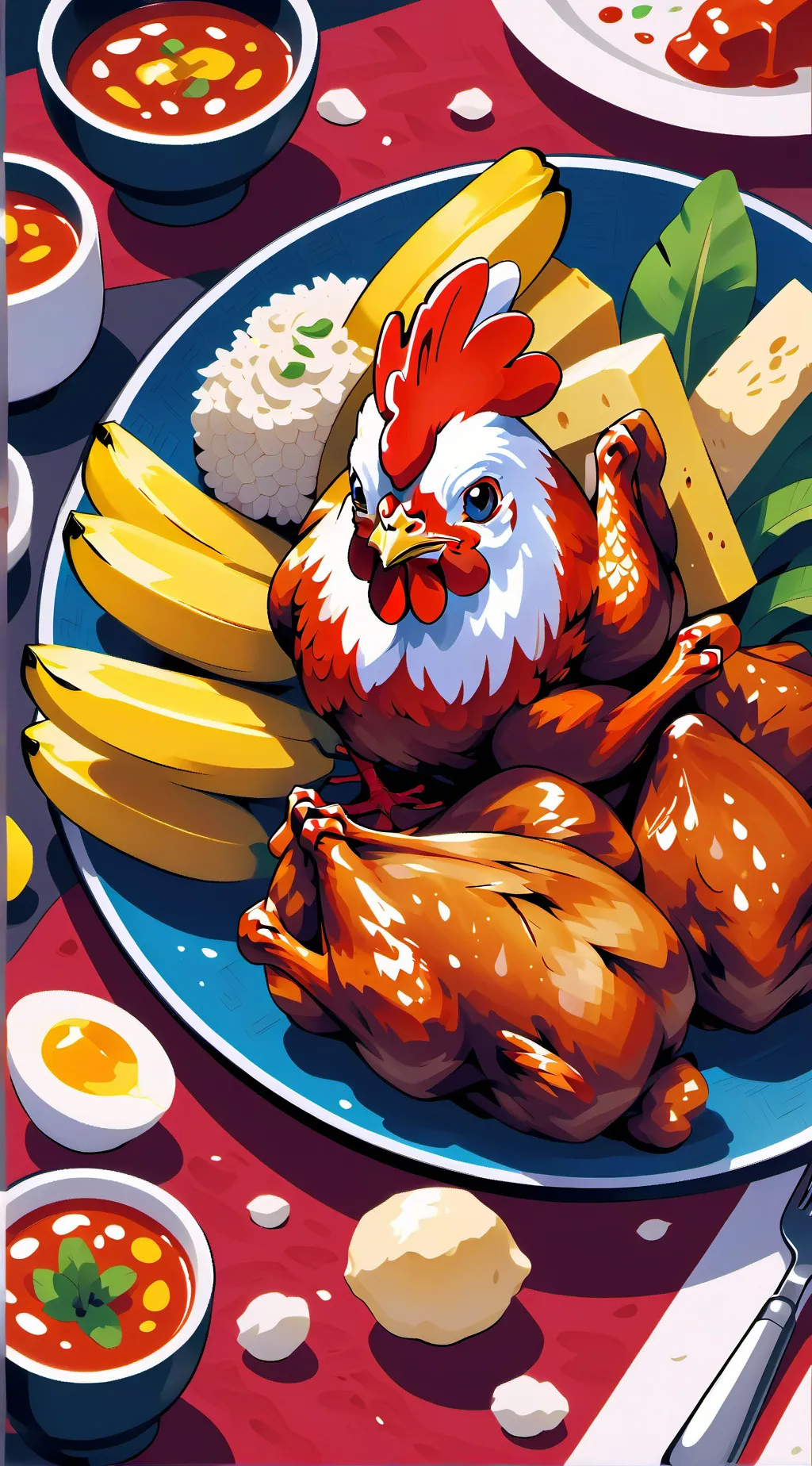 ai character: 🐔 chicken banana 🍌 background
