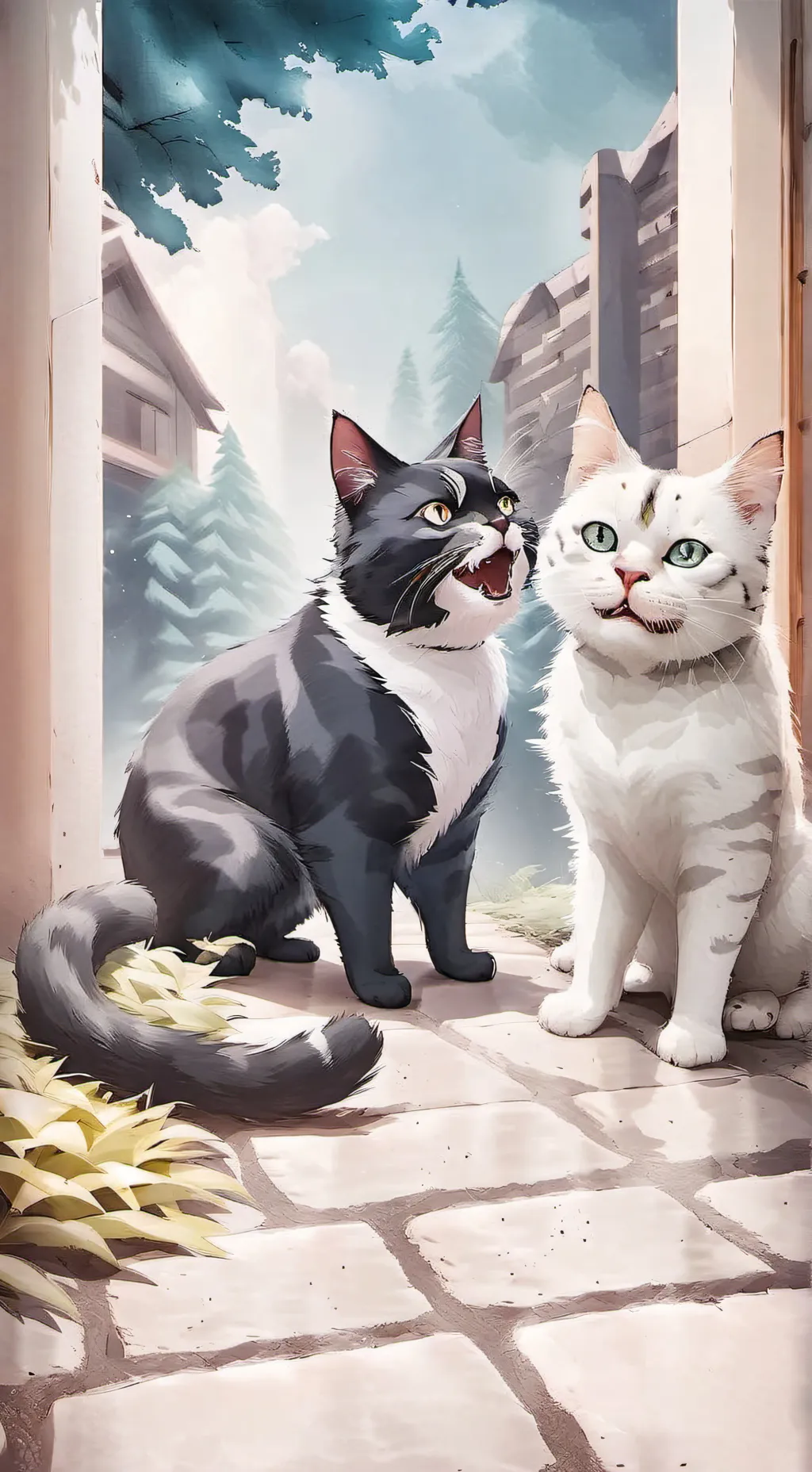 ai character: black cat whitecat background