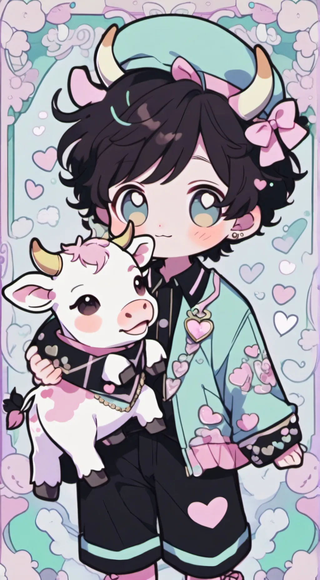 ai character: Cupid cow,, 💓 background