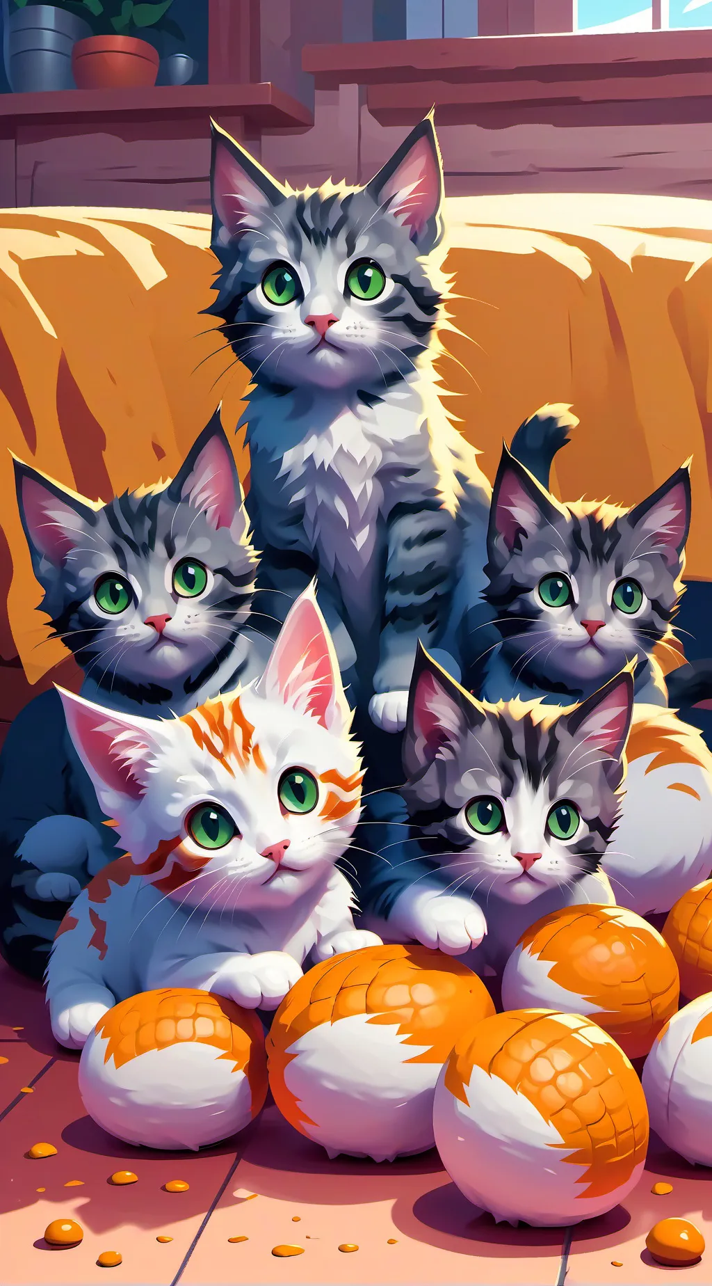 ai character: mama cat w kittens background
