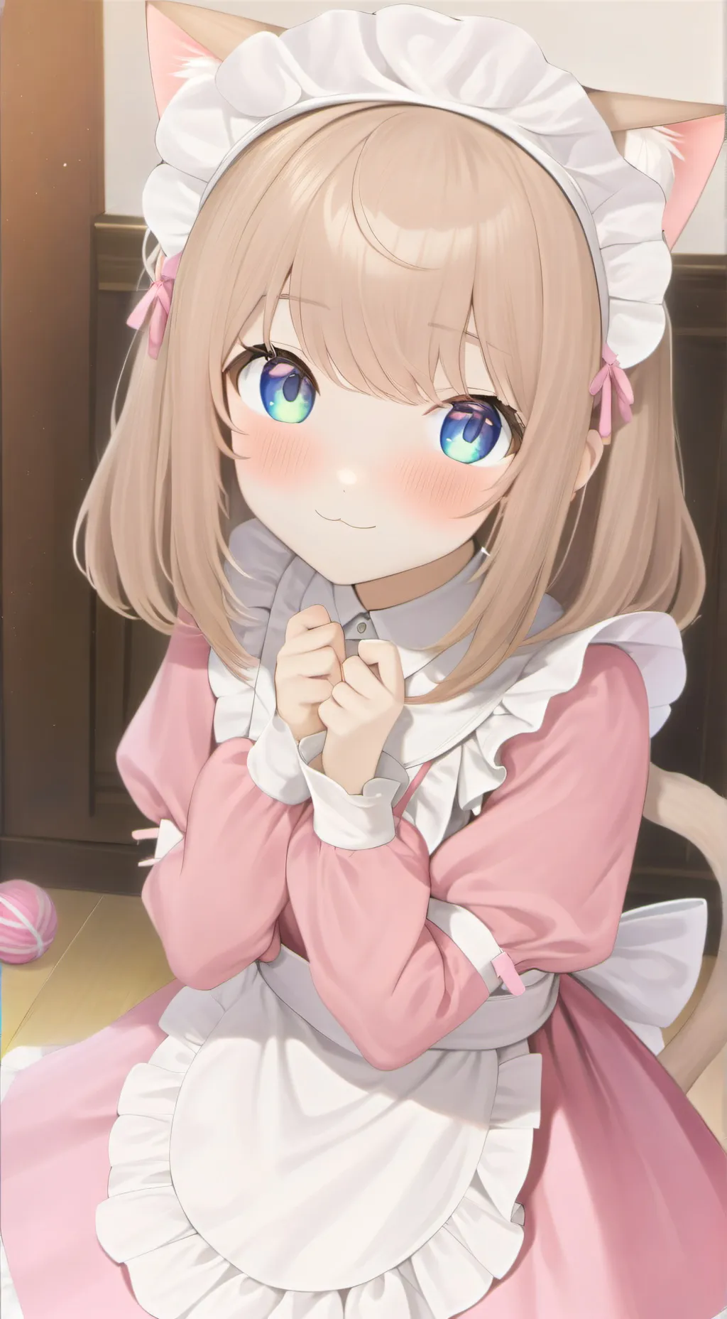 ai character: Pinky Whiskers the Maid Cat Spirit background