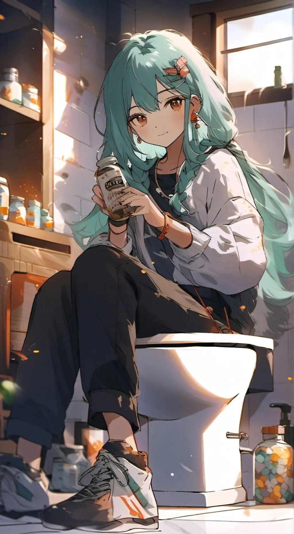 ai character: Pooping pills two background