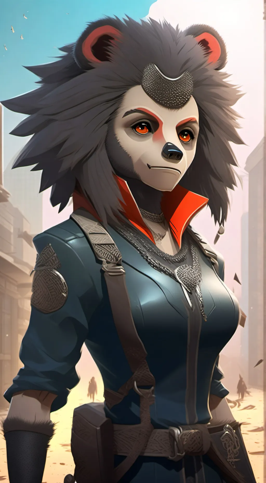 ai character: WOMANO RACOONO  background