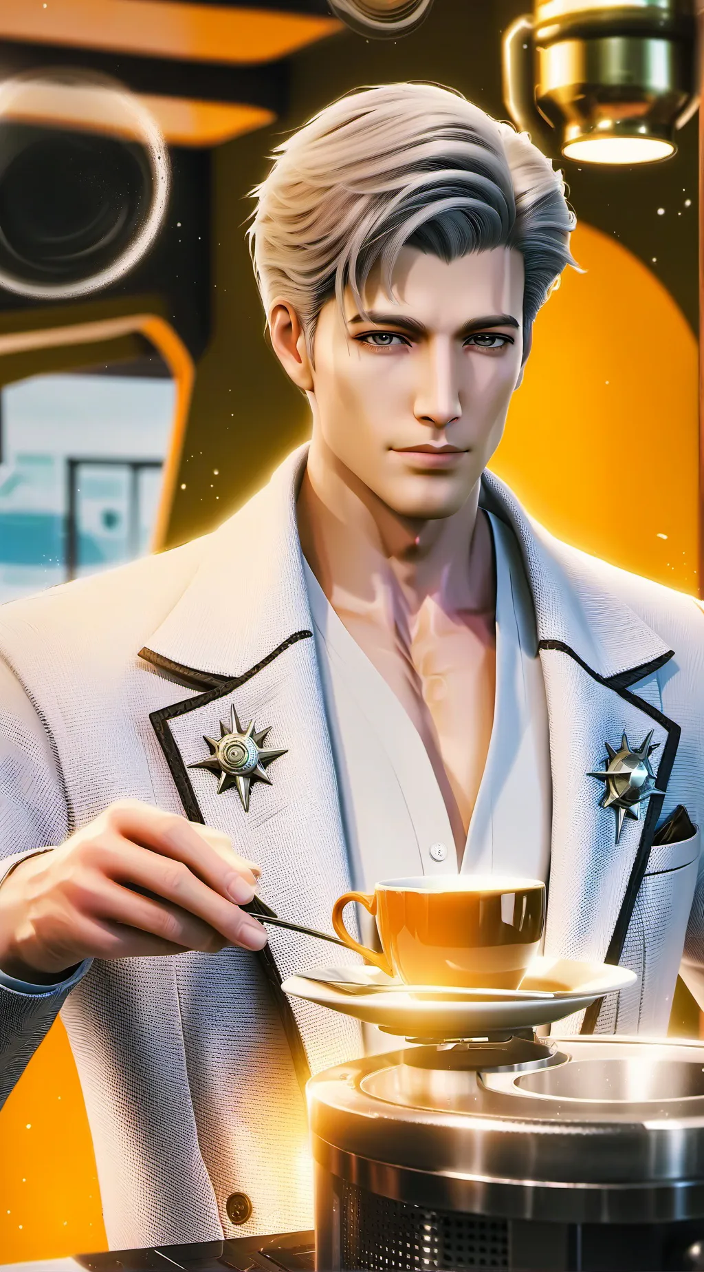 ai character: The Celestial Latte Connoisseur background