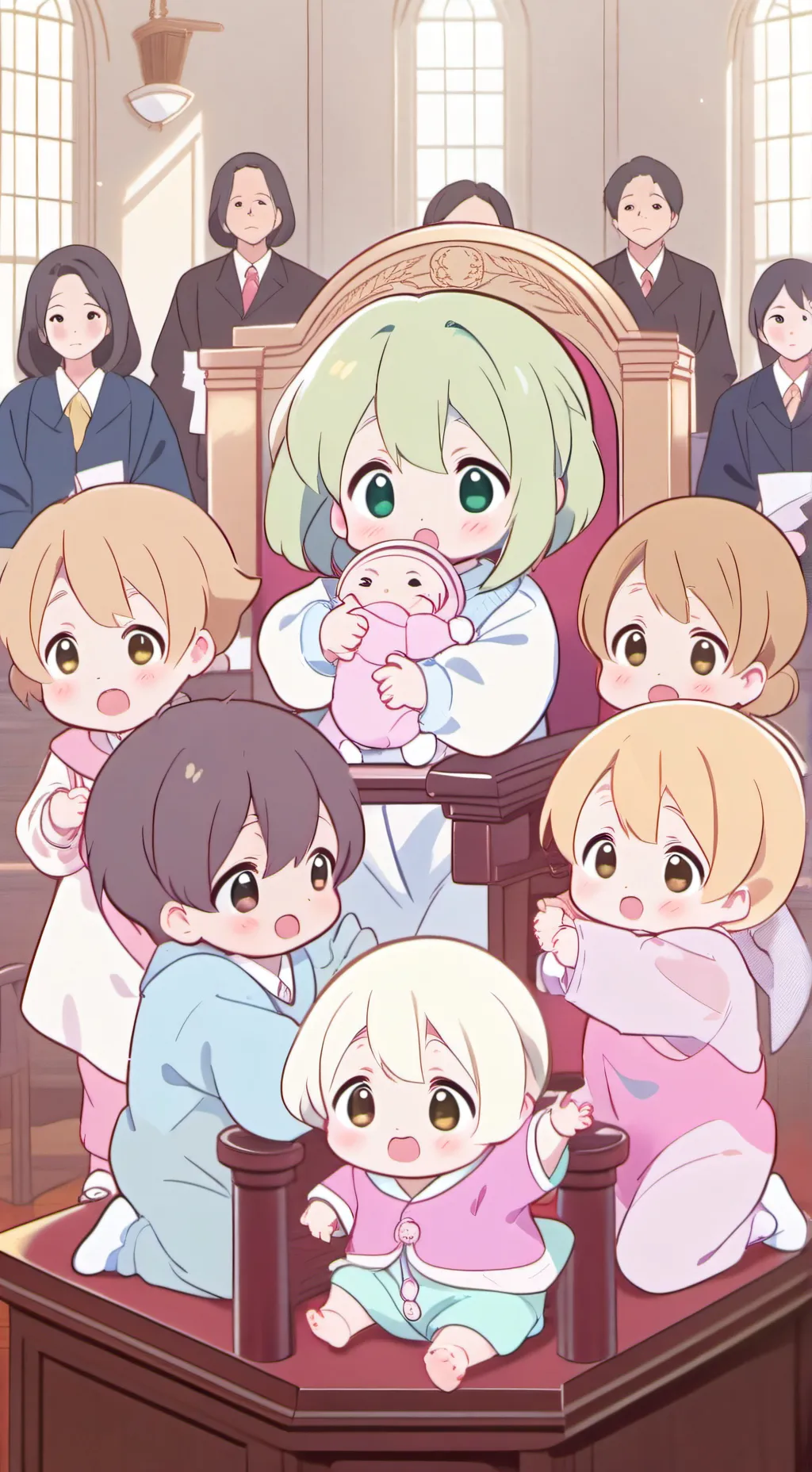 ai character: Katie et 6 bébés background