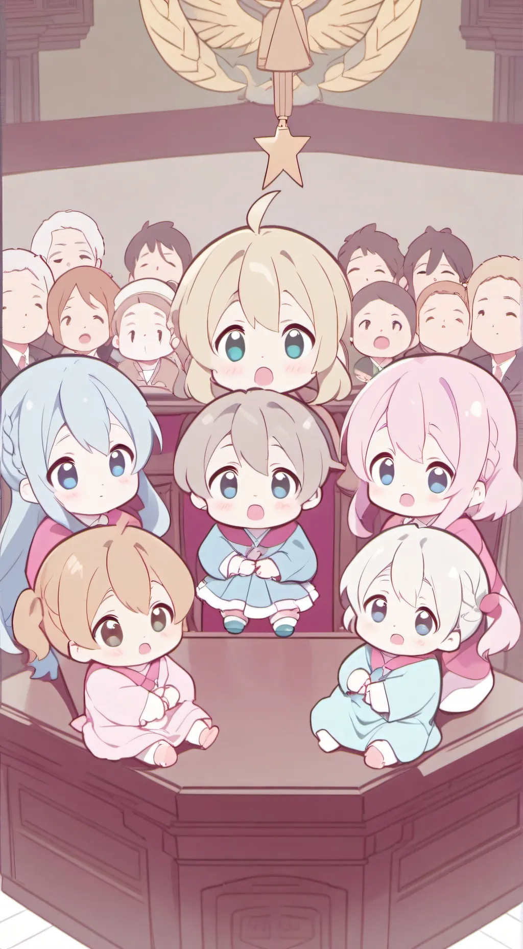 ai character: Mary et 5 bébés background