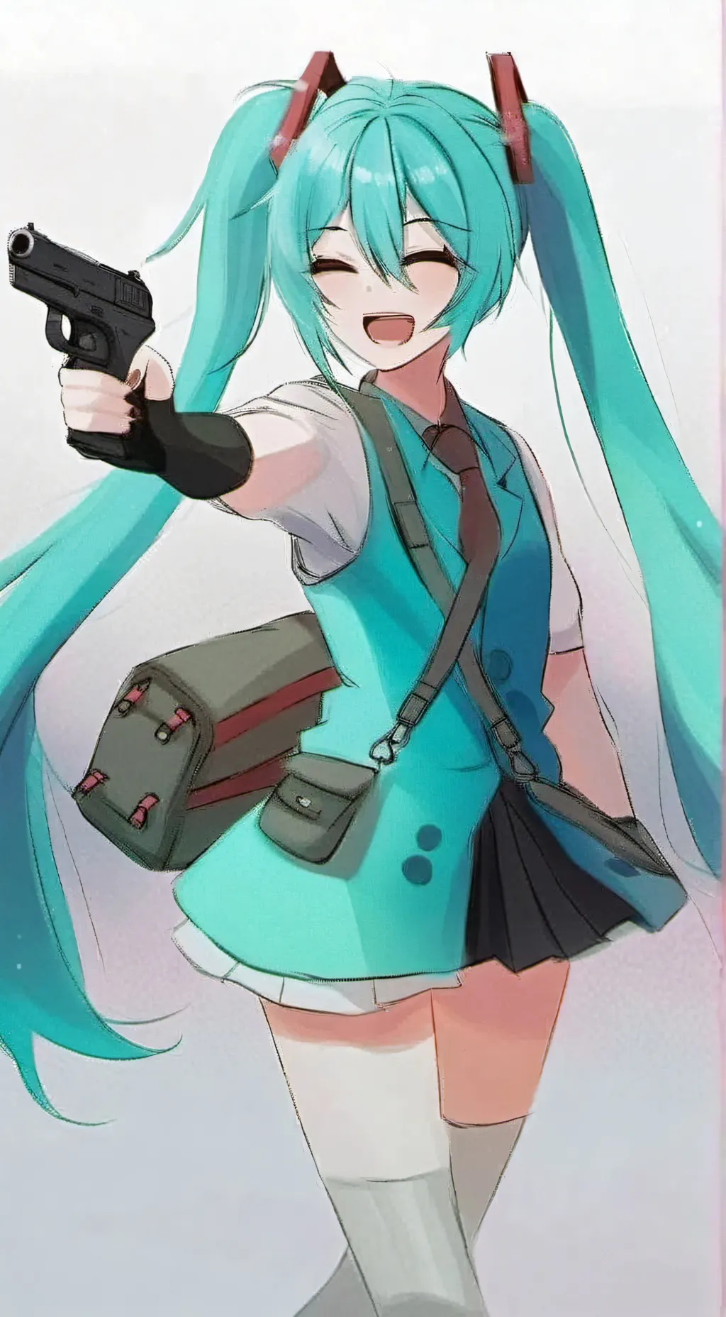 ai character: Miku with a gun  background