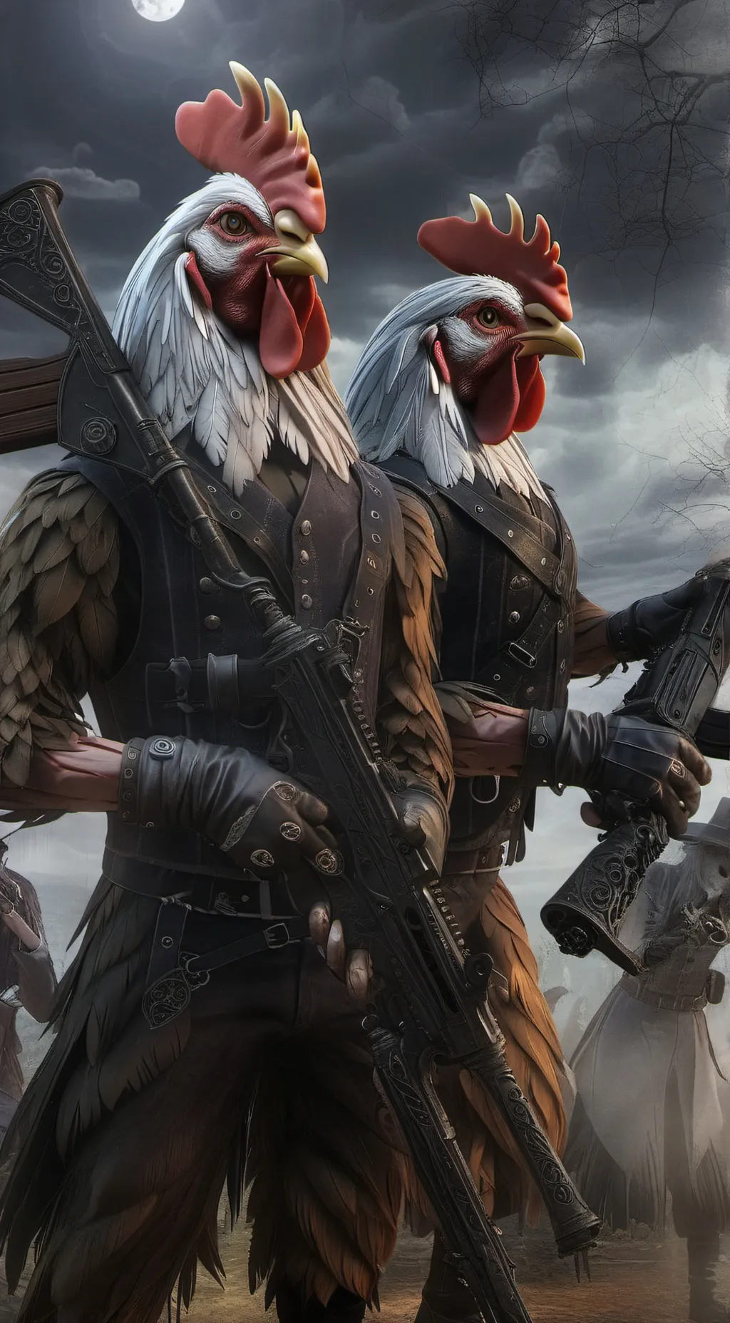 ai character: two chicken gun background