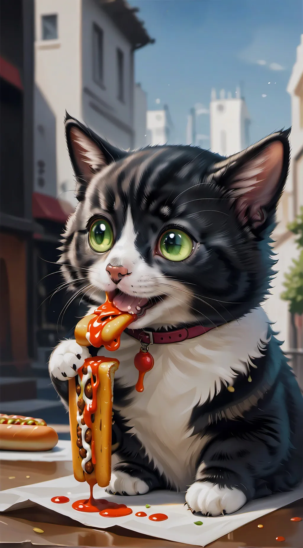 ai character: cat eating hotdog background