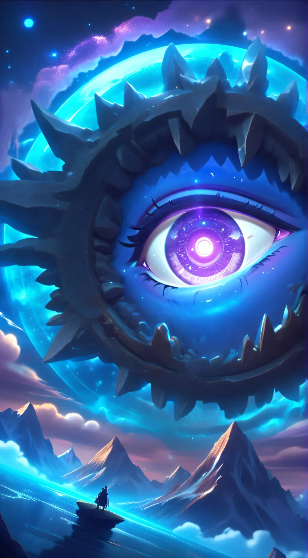 ai character: purple eye of God background