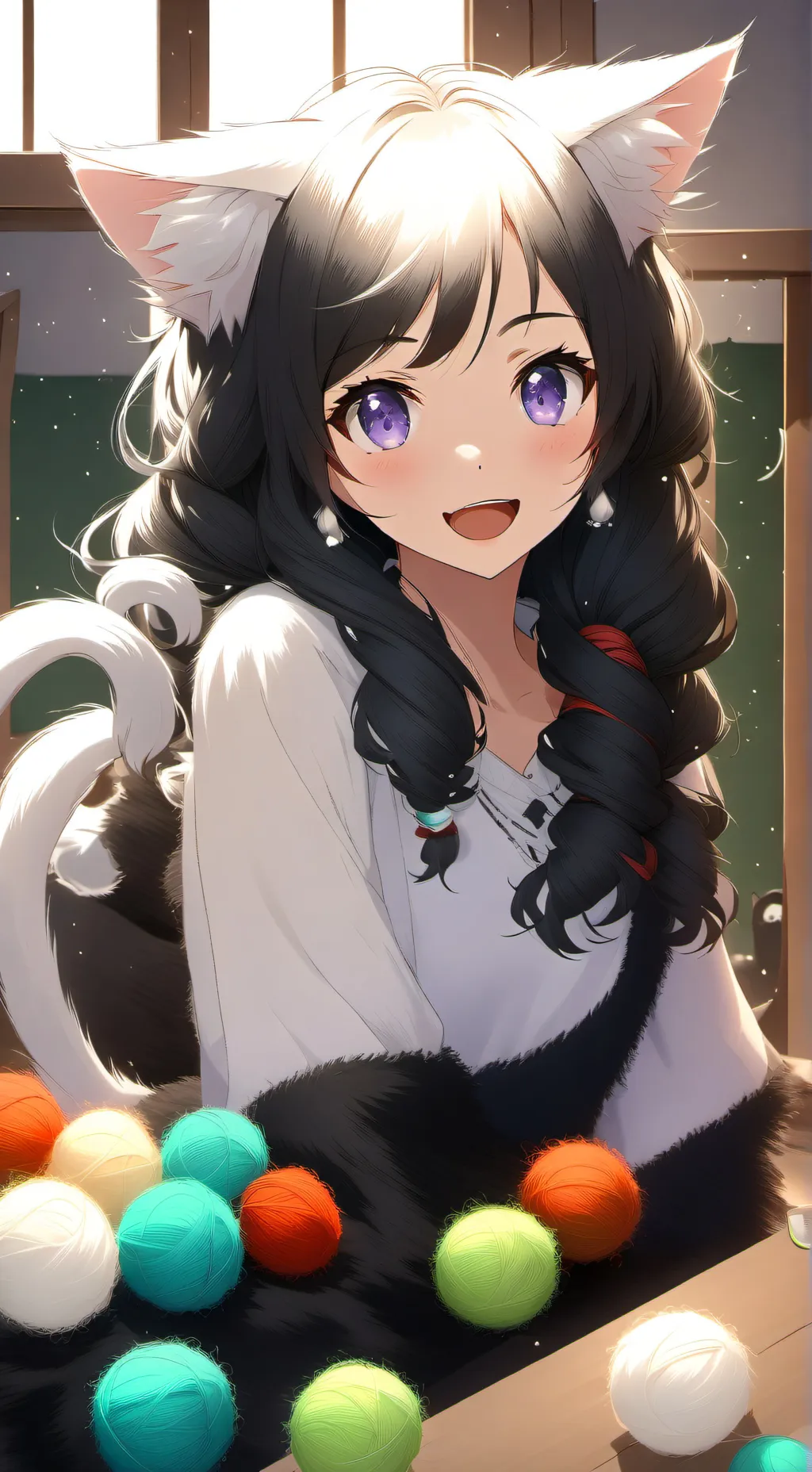 ai character: Yarn-wielding White-Black Furry Spirit background