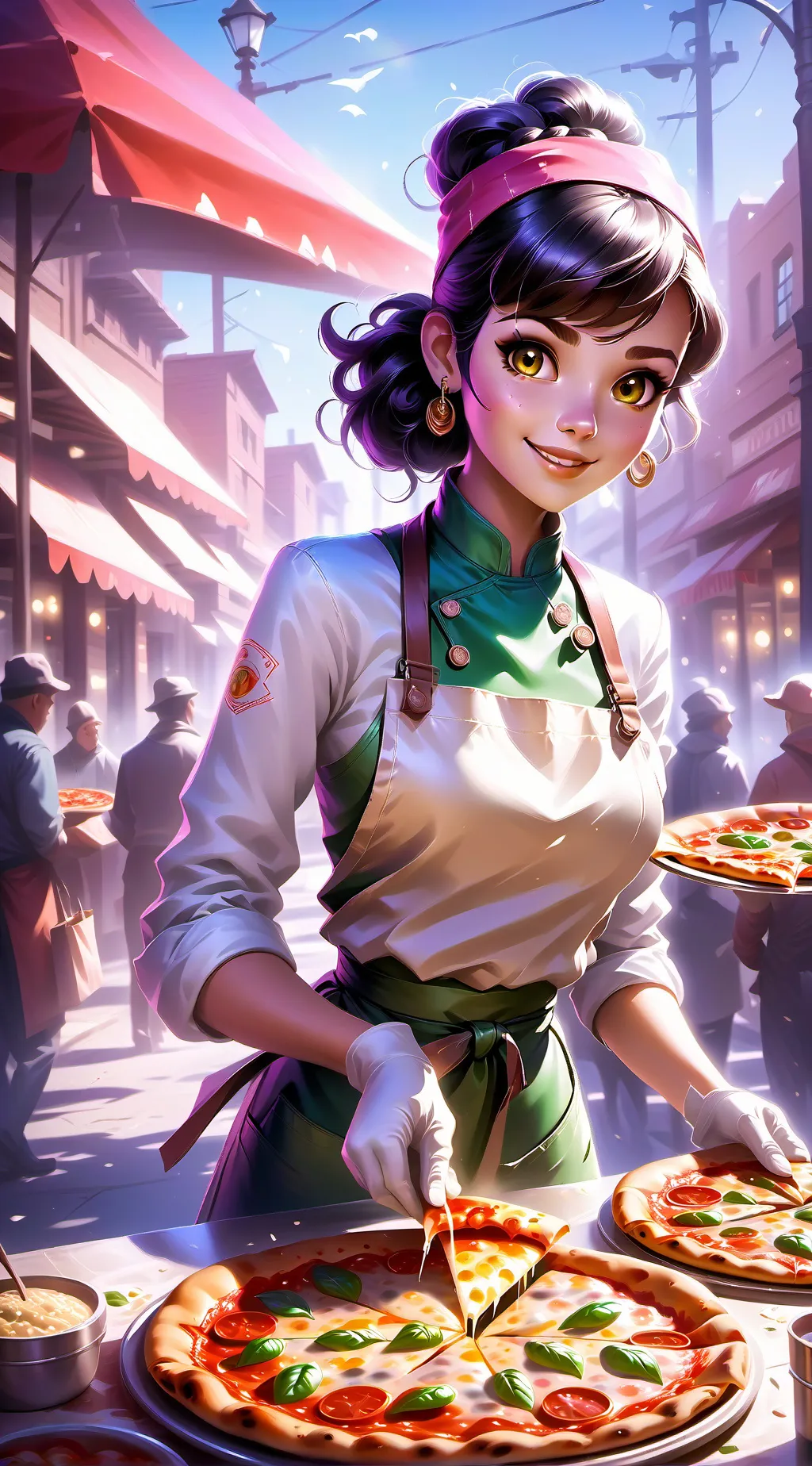 ai character: emilia pizza queen background
