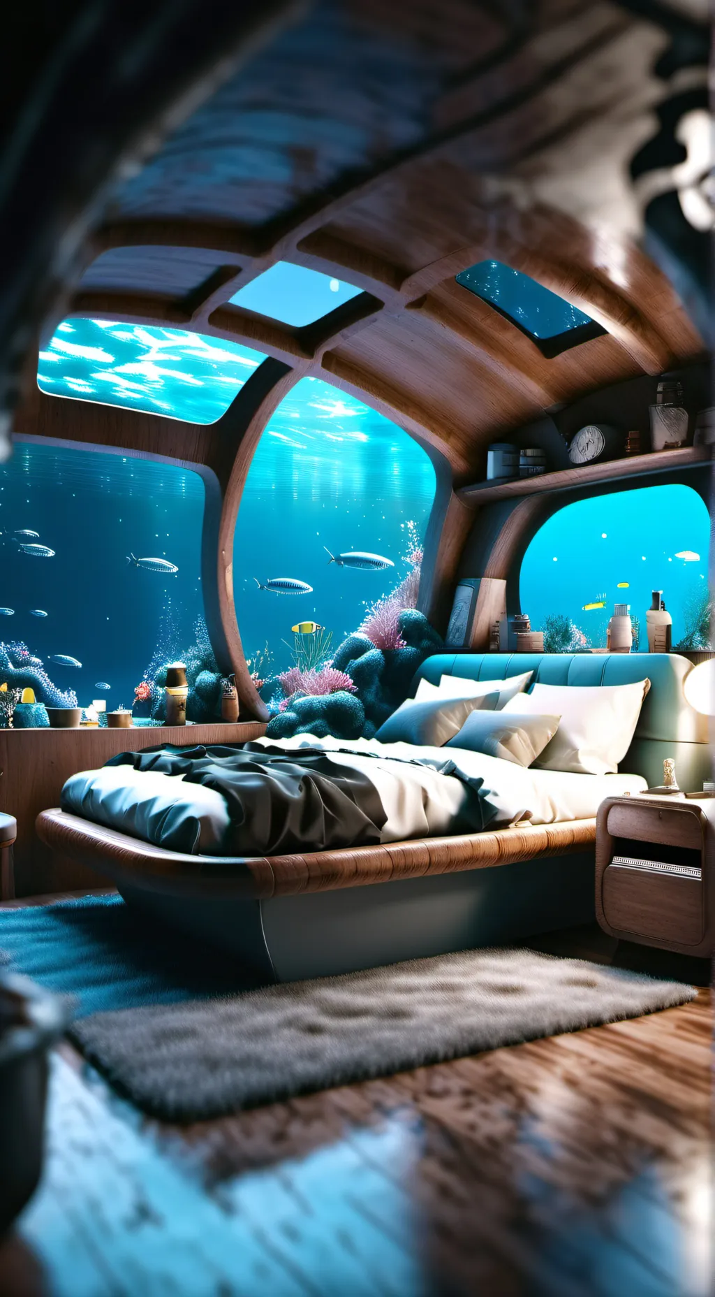 ai character: submarine bed room background