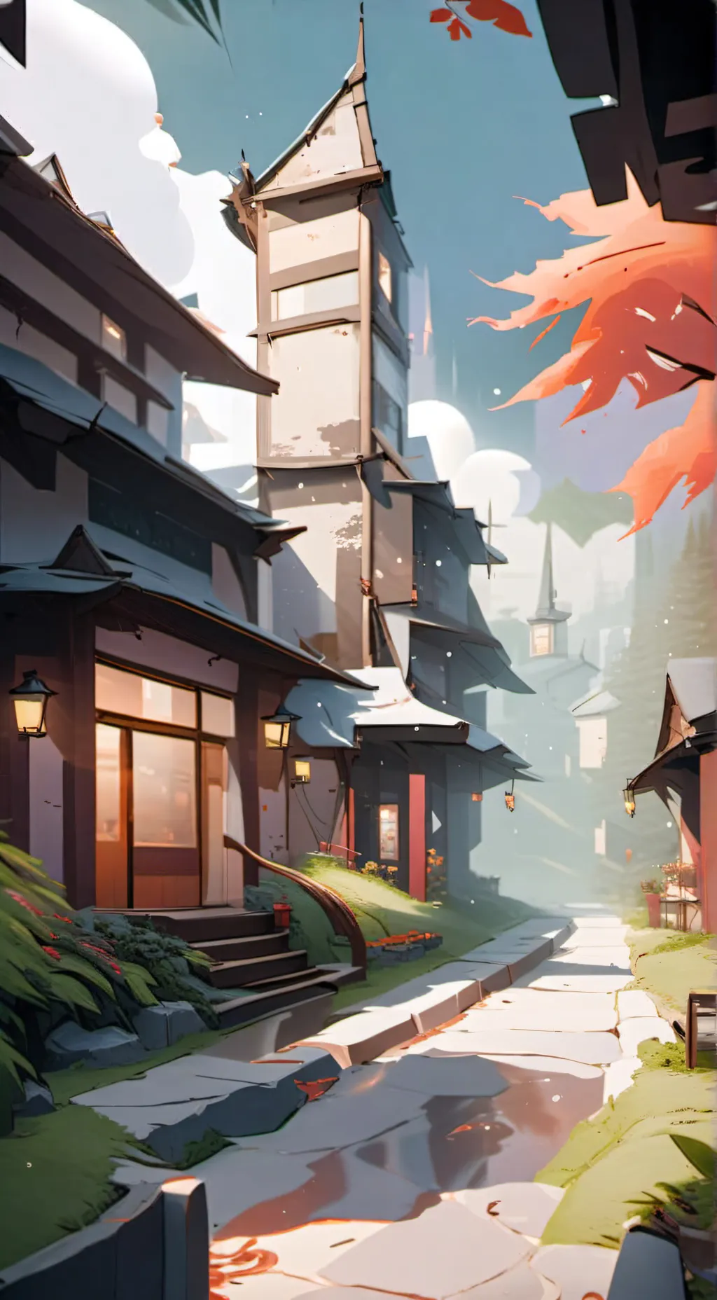 ai character: Mha foggy town background