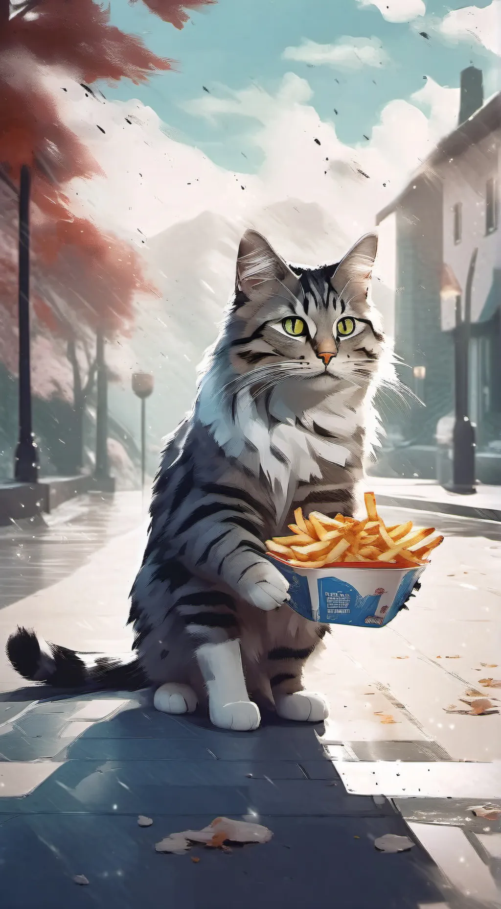 ai character: kitty eating fries background
