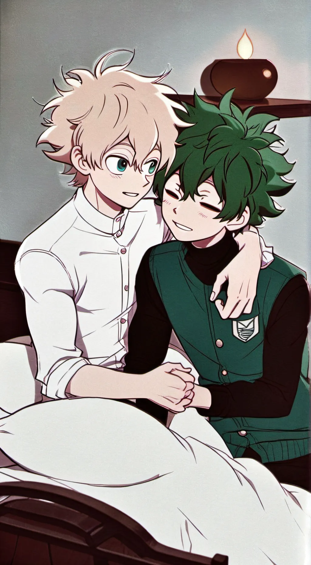 ai character: Bakudeku cuddles  background