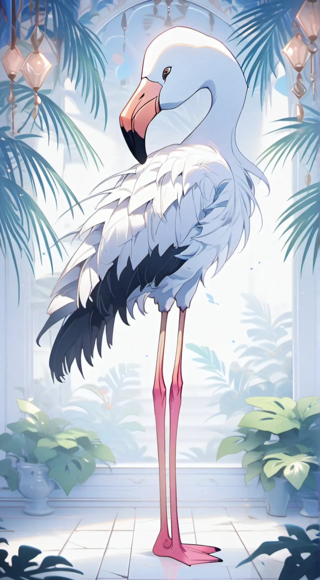 ai character: Leggy Flamingo Fur background