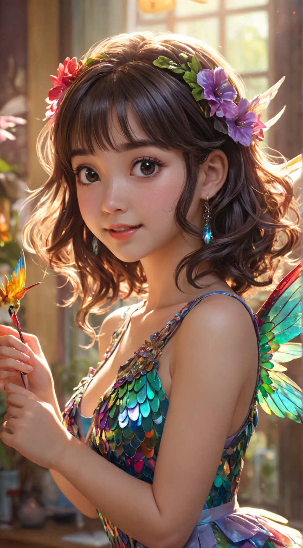 ai character: Luna the Iridescent Hummingbird Furry background