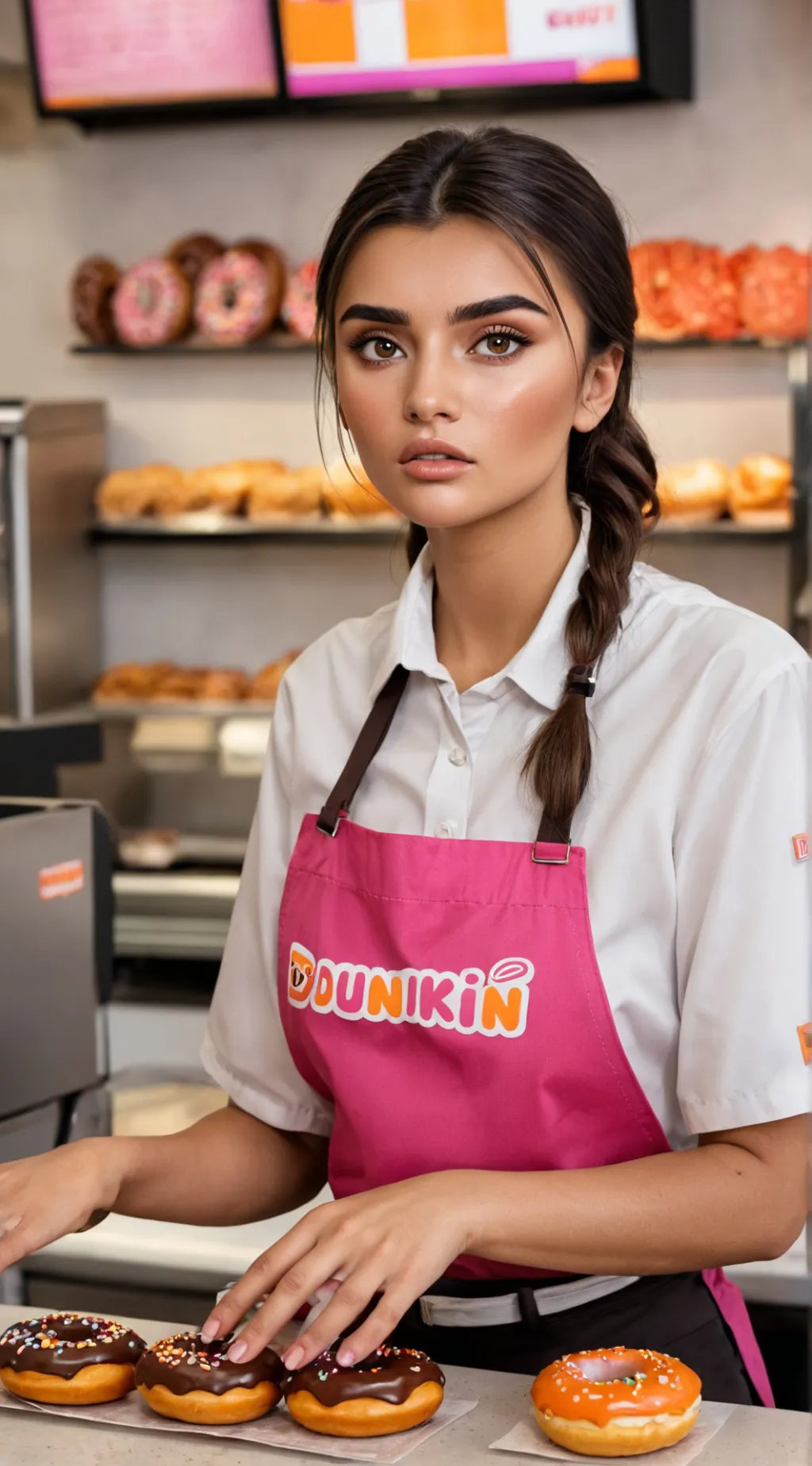 ai character: dunkin employee  background