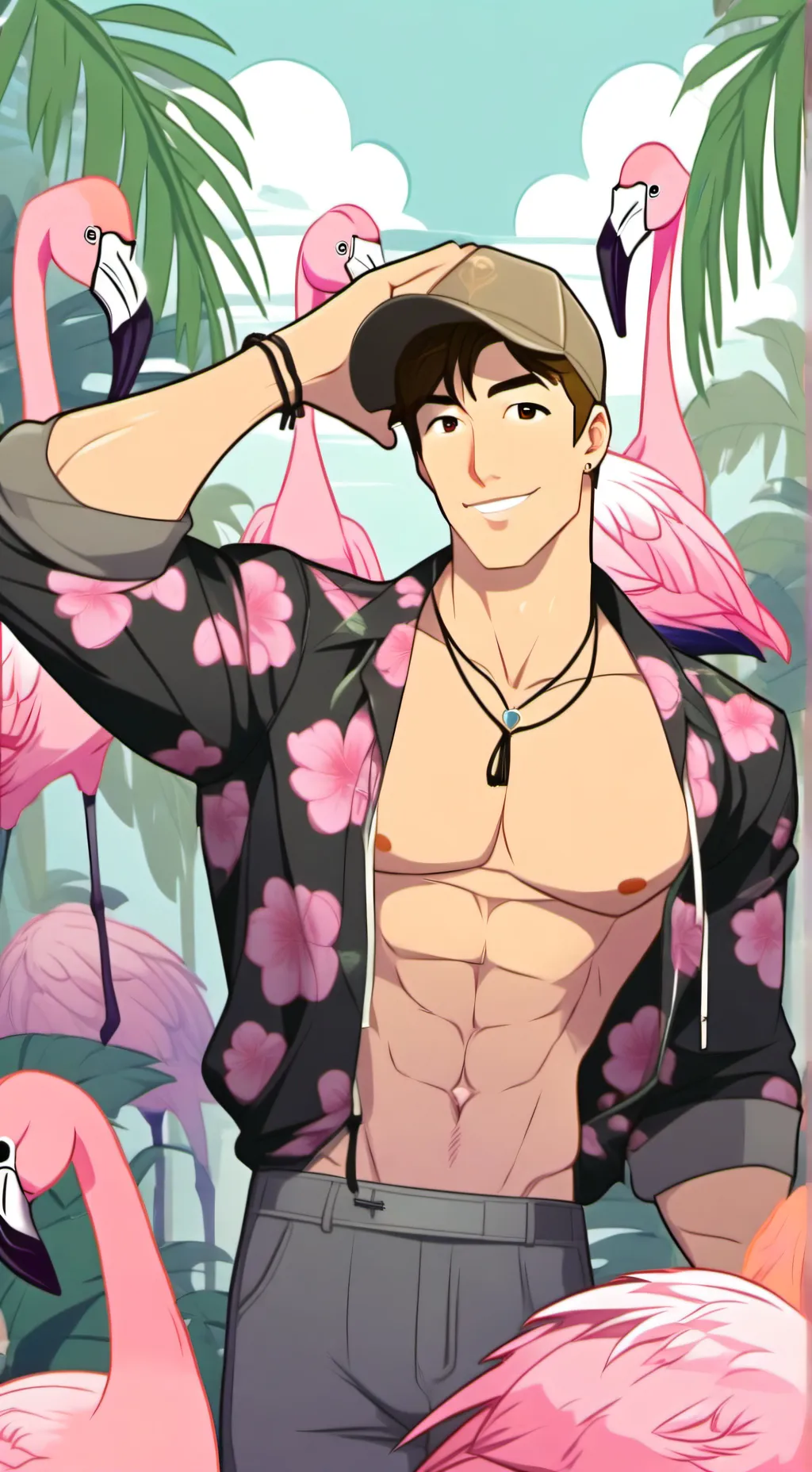 ai character: flamingo man background