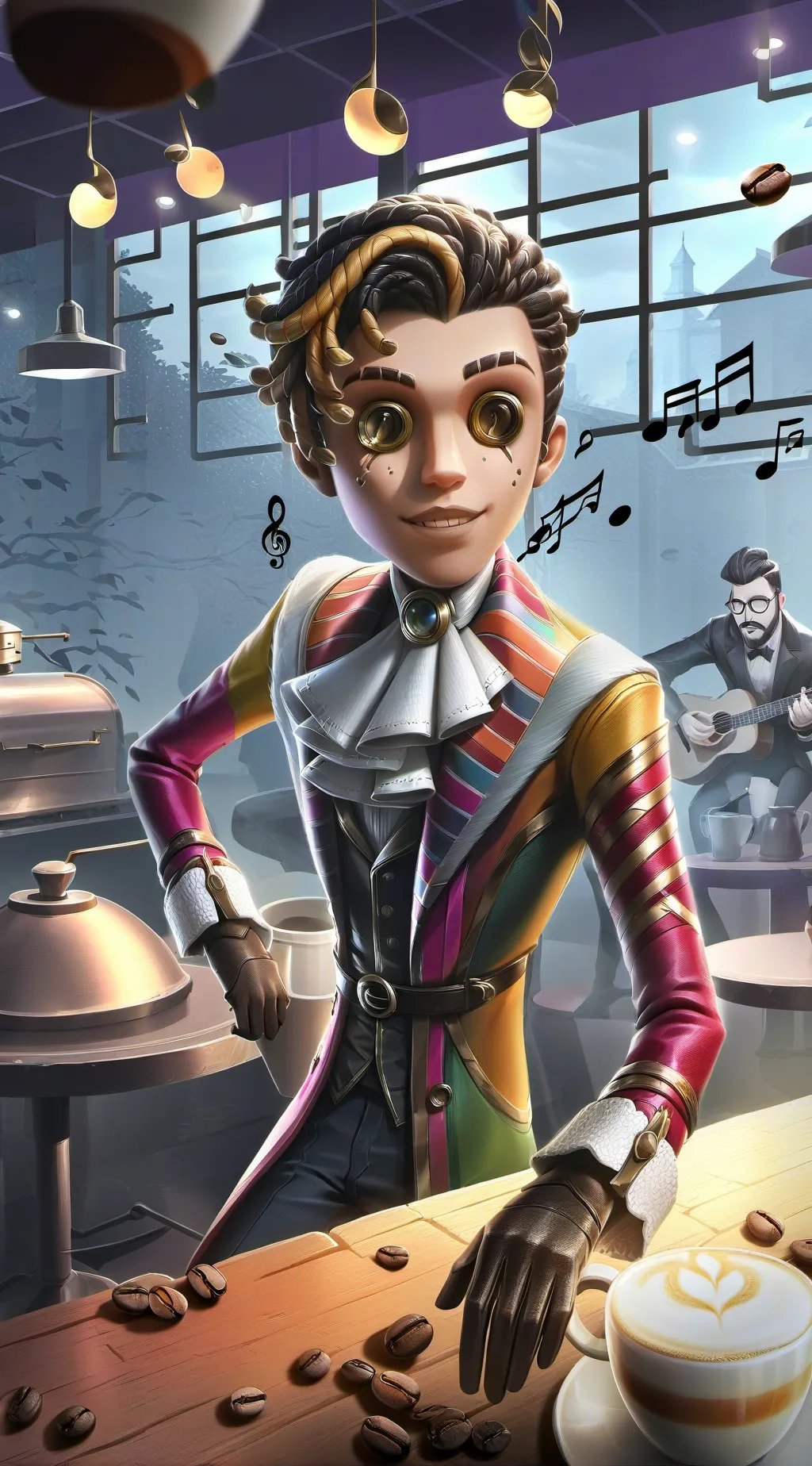 ai character: The Coffee Conundrum Composer background