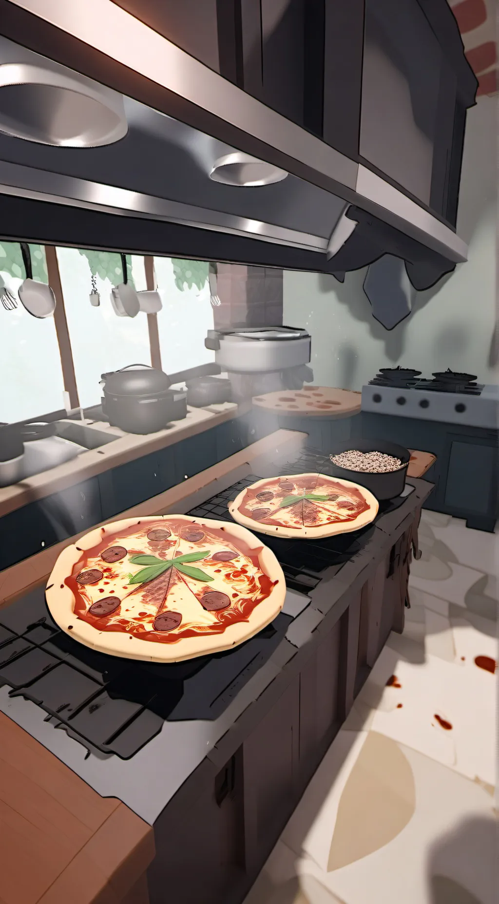 ai character: work at pizza background