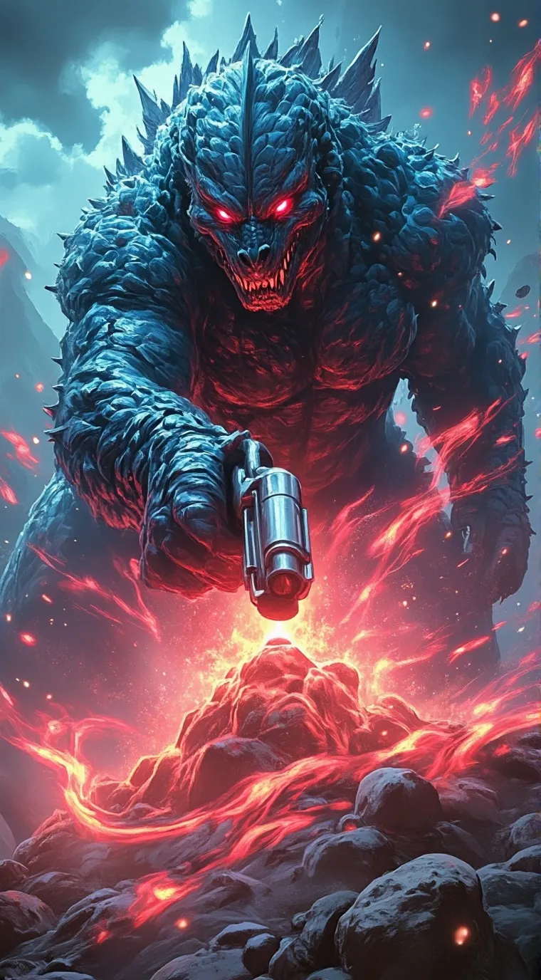 ai character: Godzilla with gun background