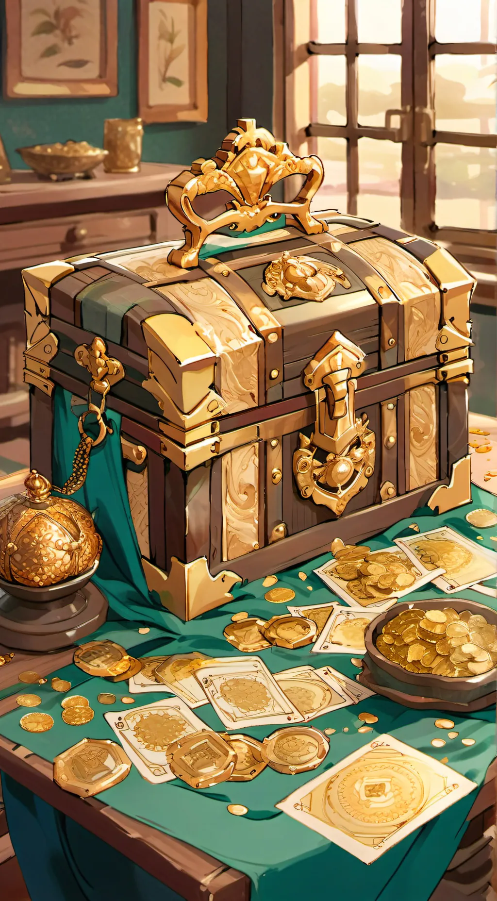 ai character: Golden chest background