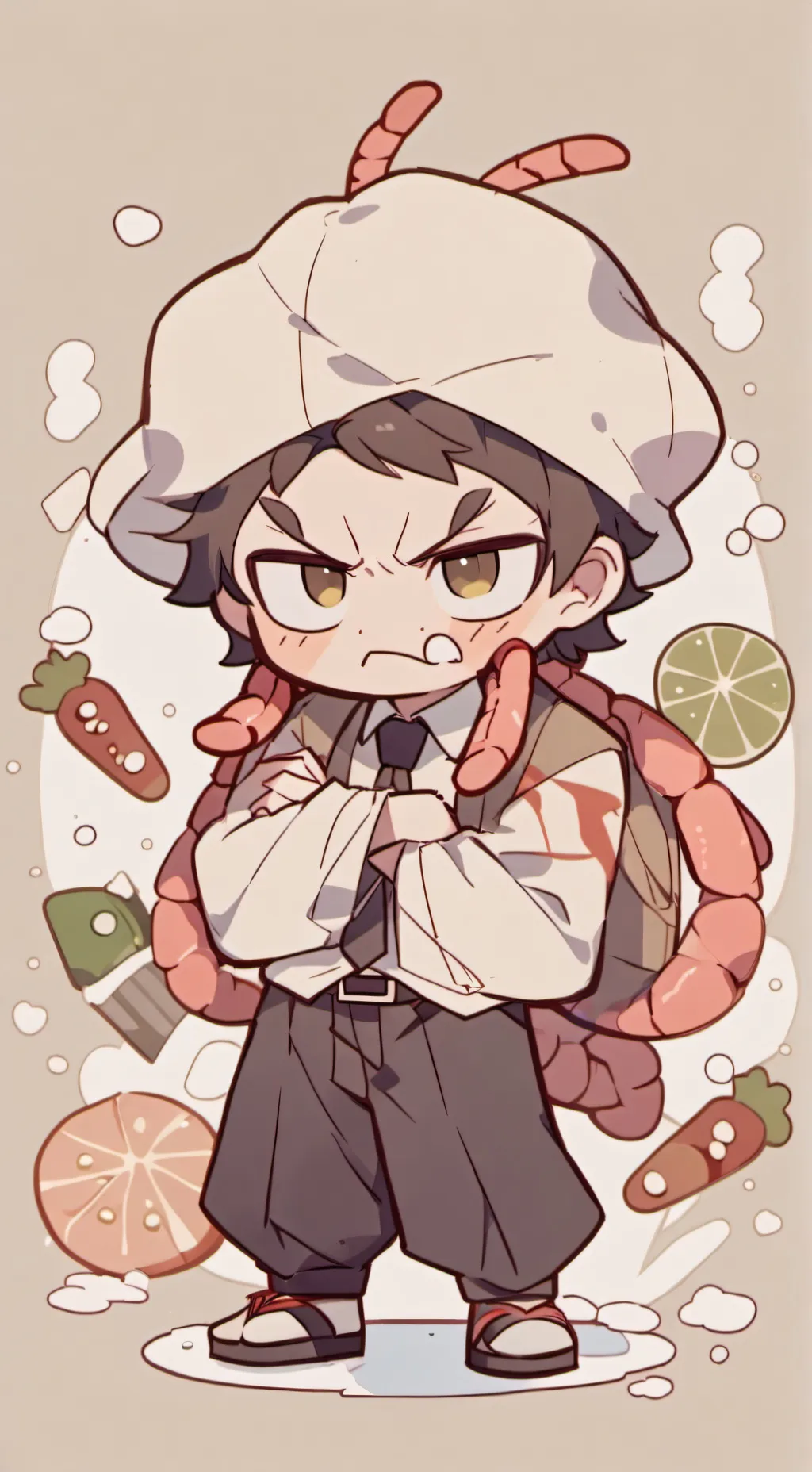 ai character: >:( Shrimpo ):< background