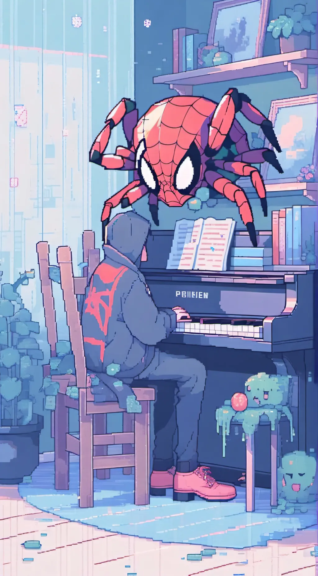 ai character: piano background