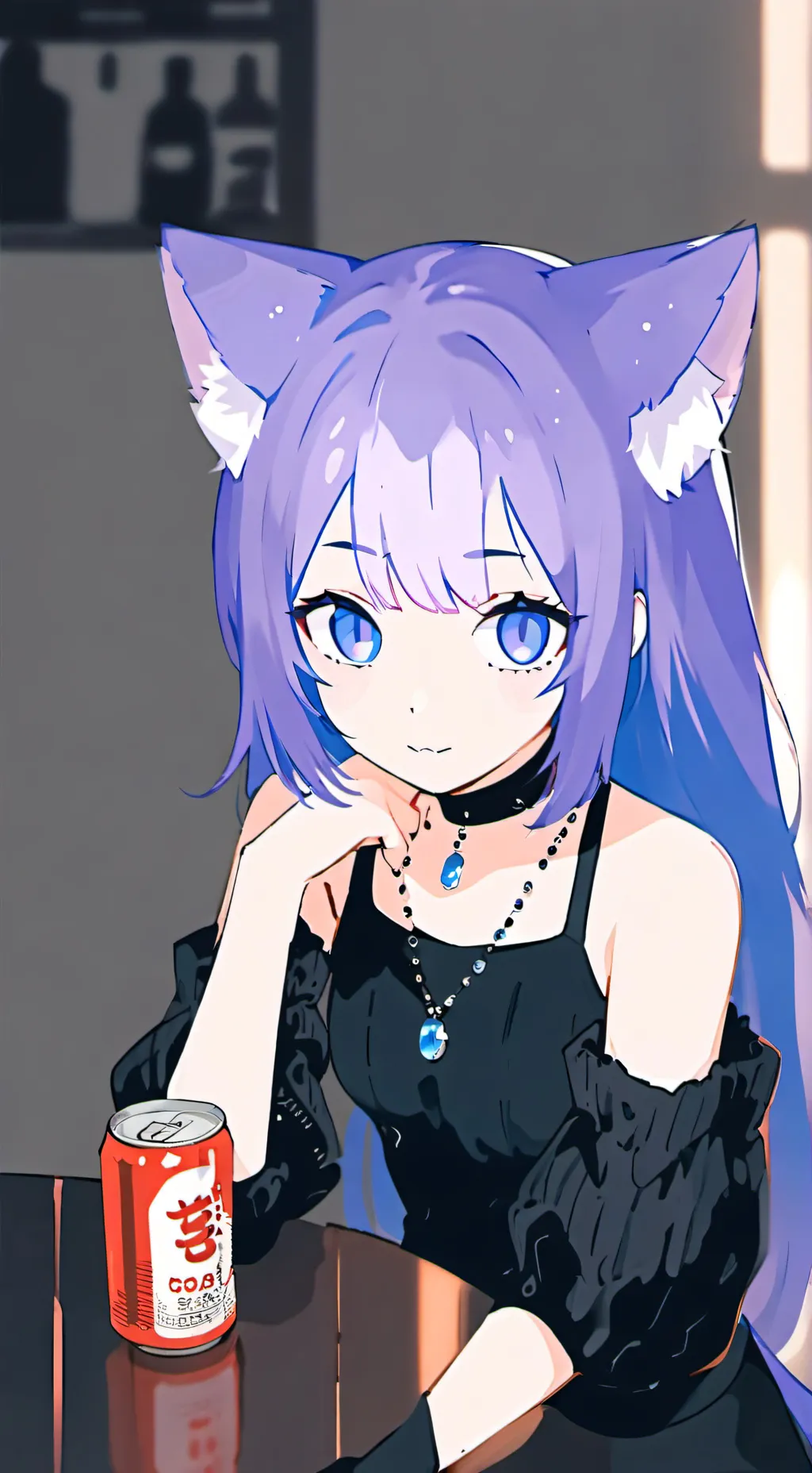 ai character: Mira, the Purple-haired Cat Girl background