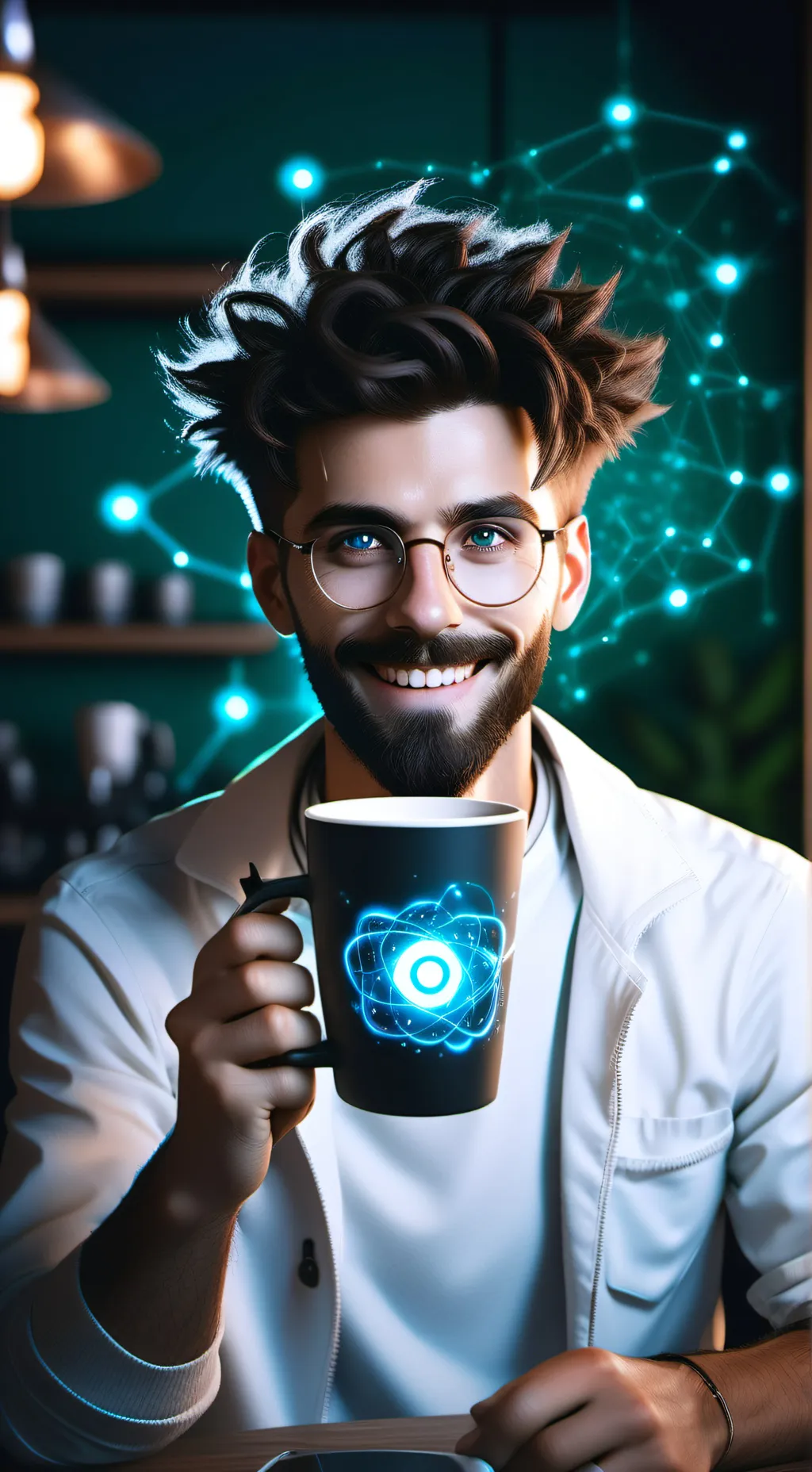 ai character: The Mysterious Quantum Latte Theorist background