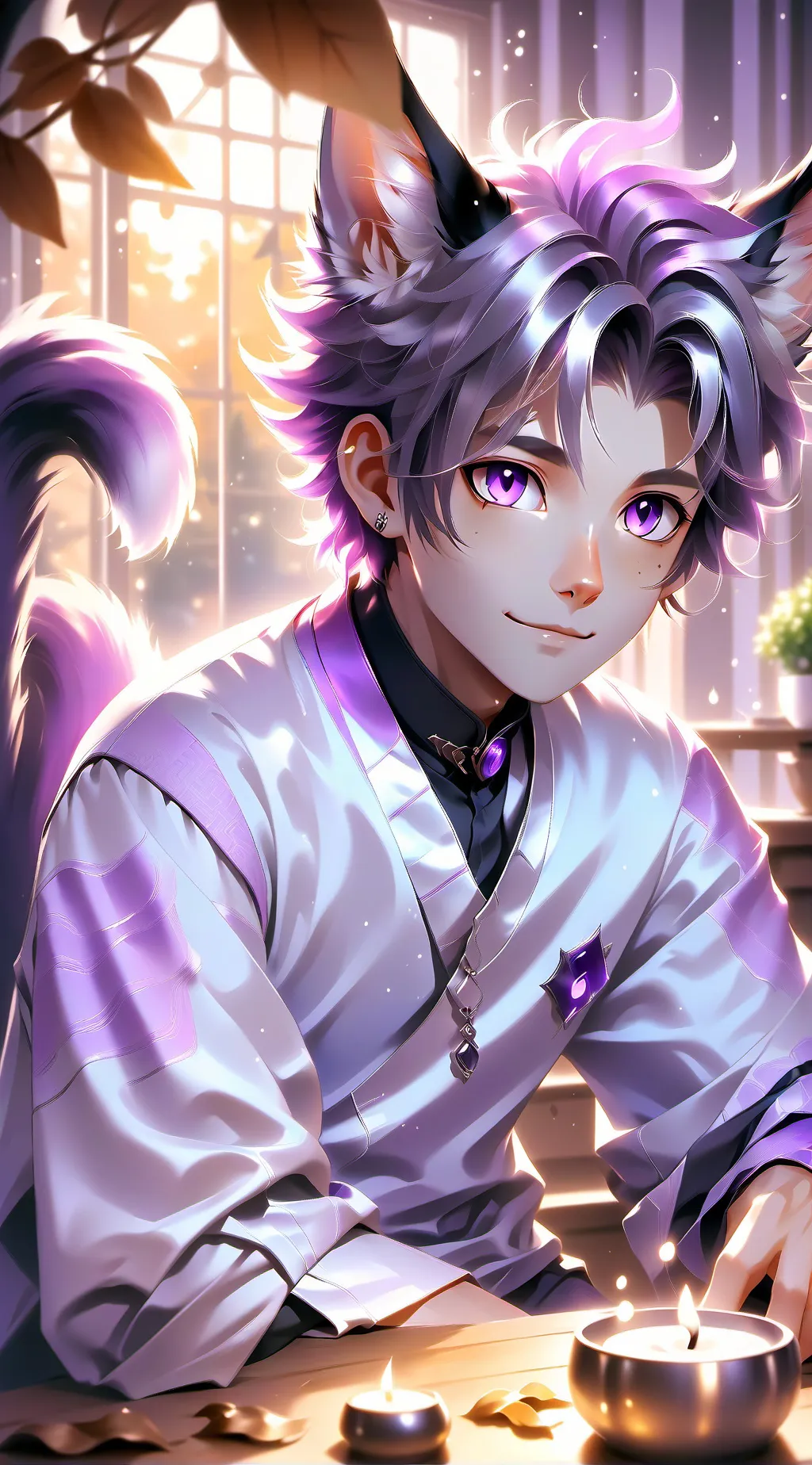 ai character: Purps the Purple-eared Maine Coon background