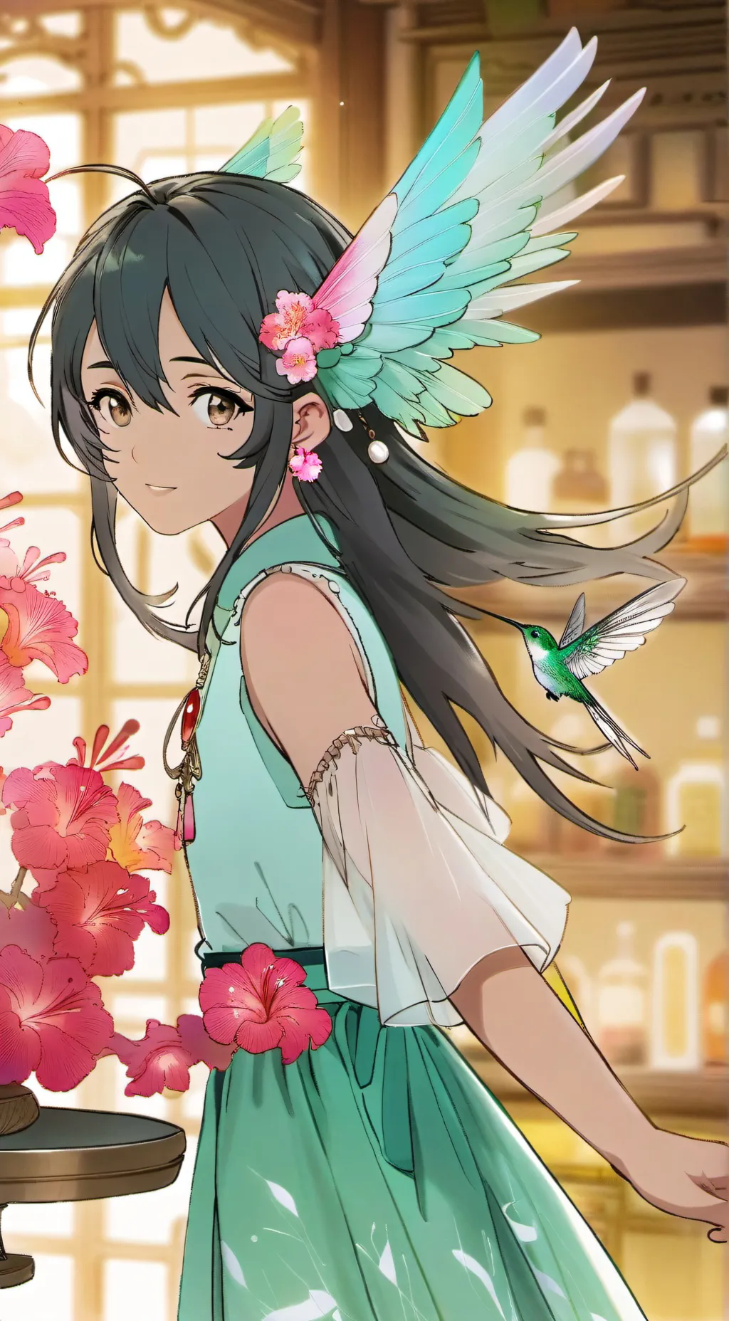 ai character: Iridescent Spirit Hummingbird background